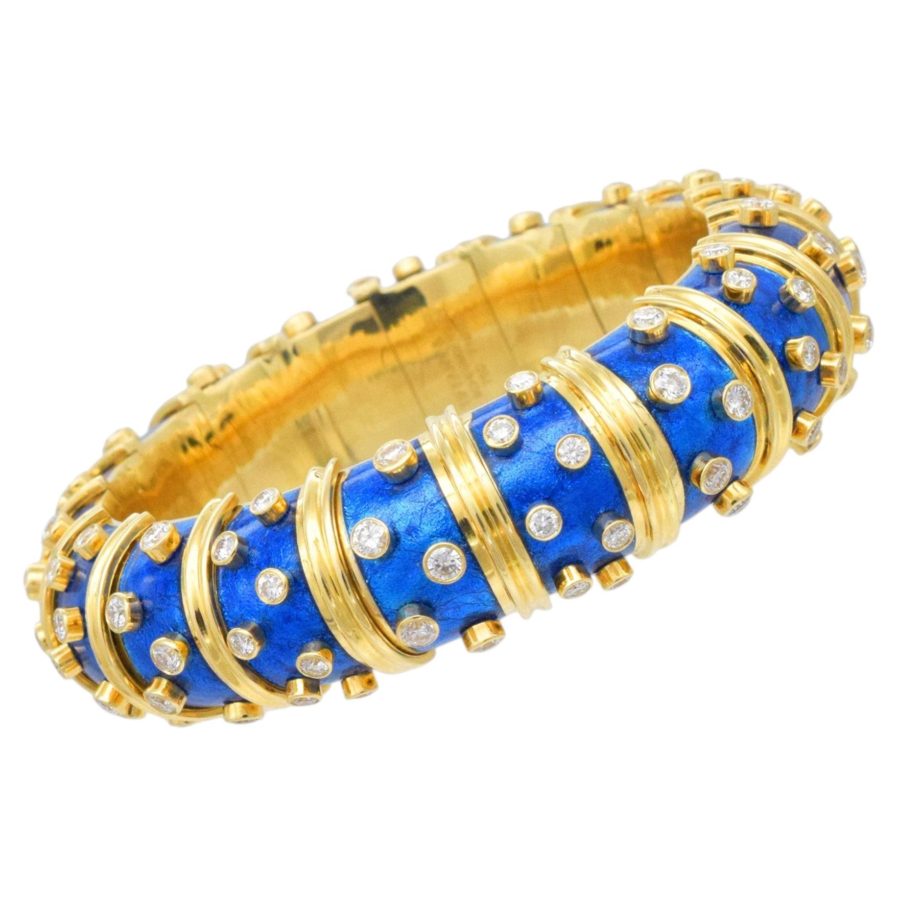Tiffany & Co. Schlumberger Diamond and Blue Enamel Bangle in 18k For Sale