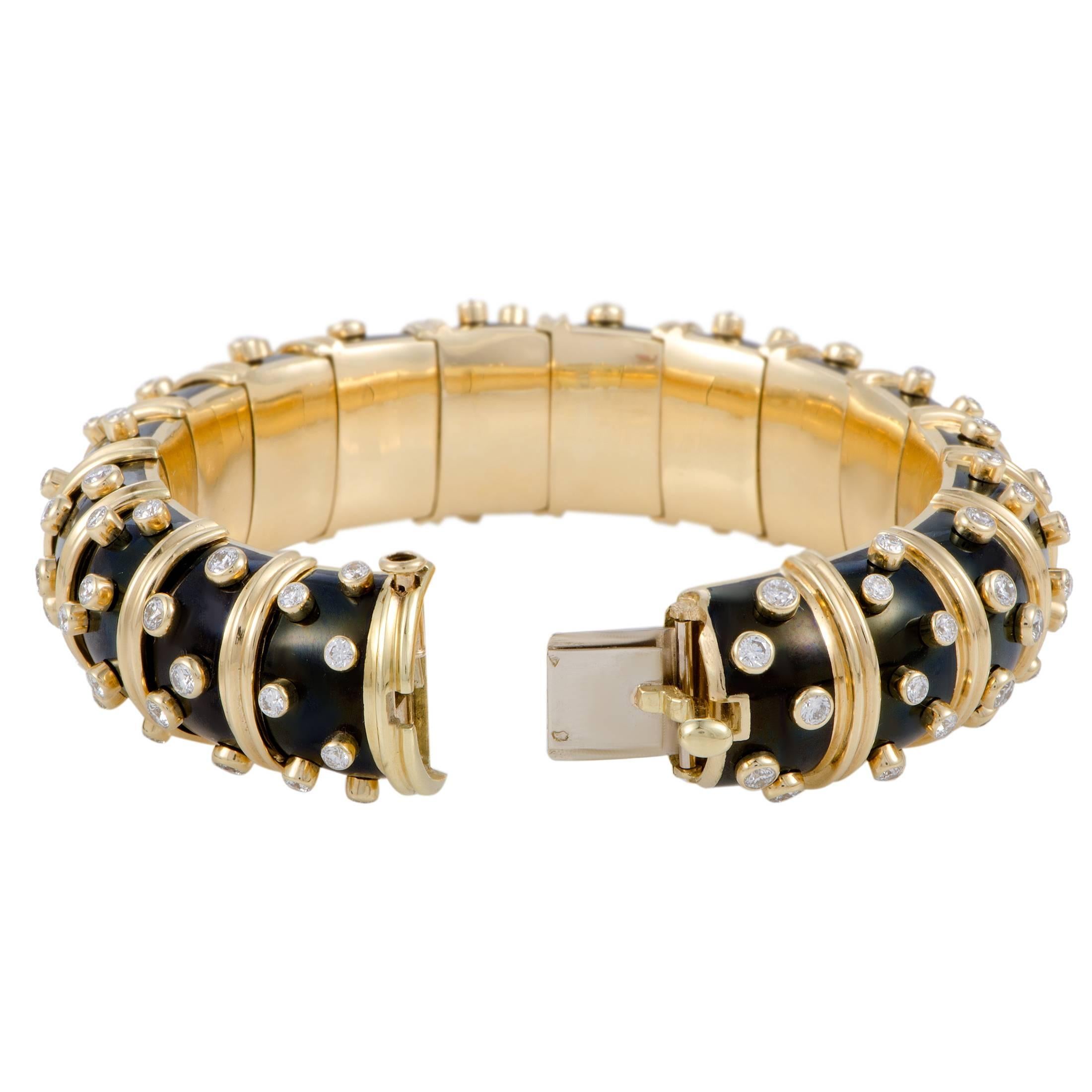 Women's Tiffany & Co. Schlumberger Diamond and Onyx Yellow Gold Bombe Bangle Bracelet
