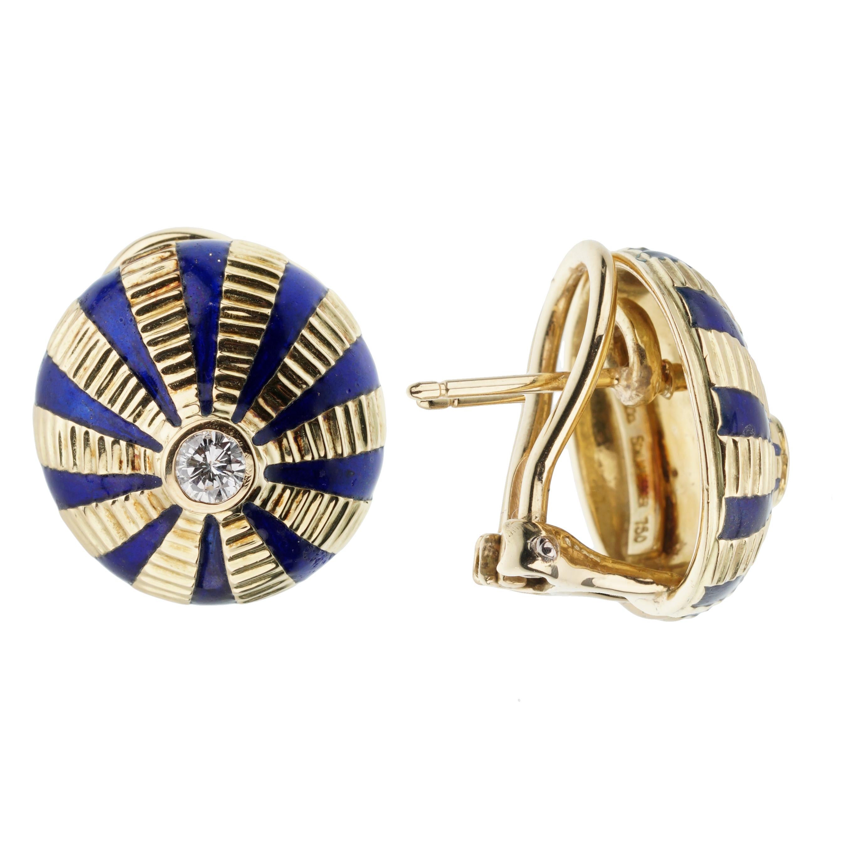 Round Cut Tiffany & Co Schlumberger Diamond Enamel Gold Earrrings