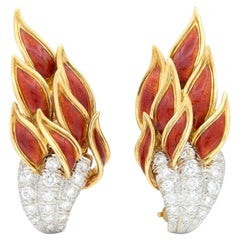 Tiffany & Co. Schlumberger Diamond Enamel Platinum 18K Gold Flame Earrings