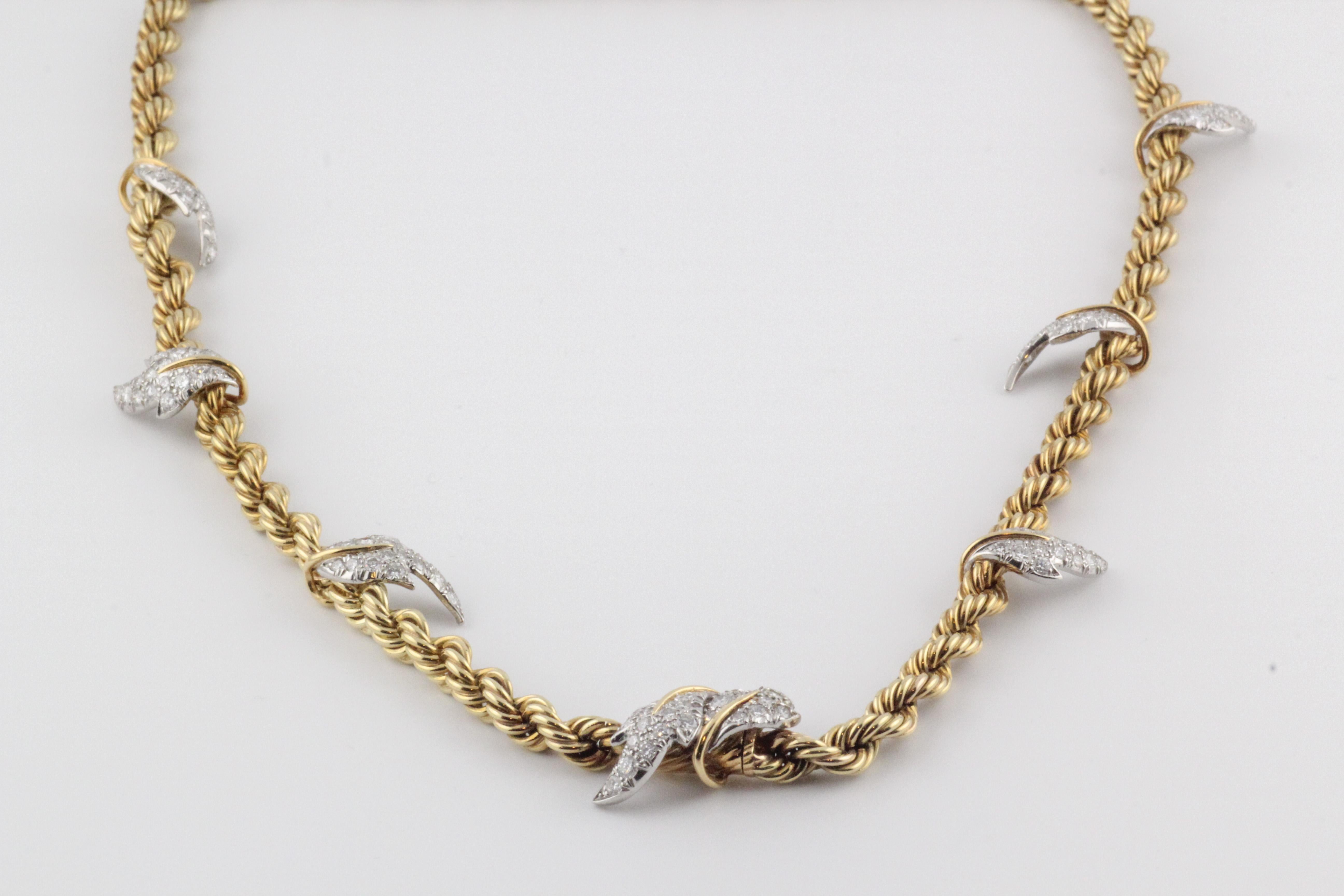 Tiffany & Co. Schlumberger Diamantblätter Platin 18k Gold Seil Halskette mit Diamanten (Brillantschliff)