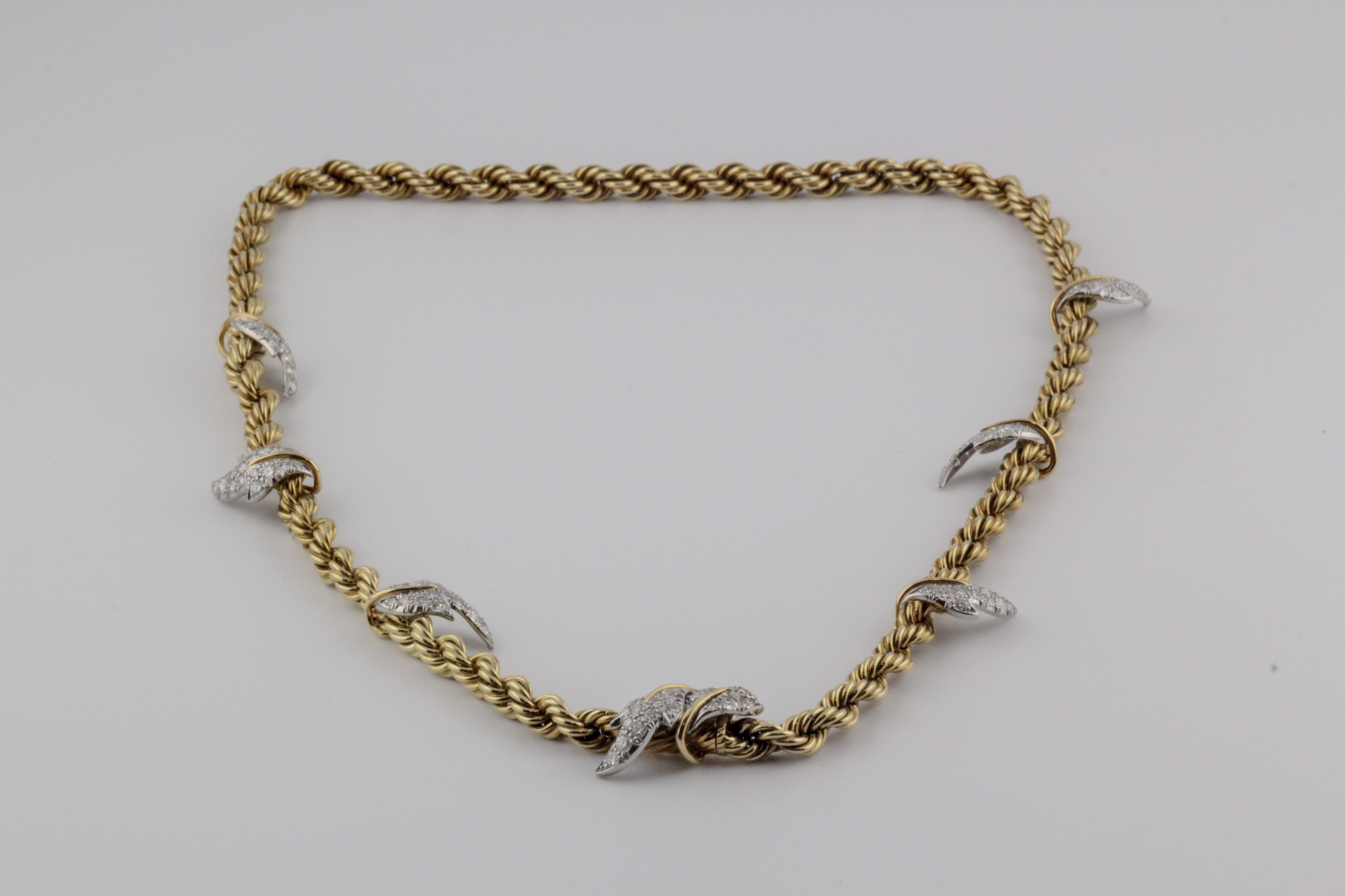 Tiffany & Co. Schlumberger Diamantblätter Platin 18k Gold Seil Halskette mit Diamanten im Zustand „Gut“ in Simpsonville, SC