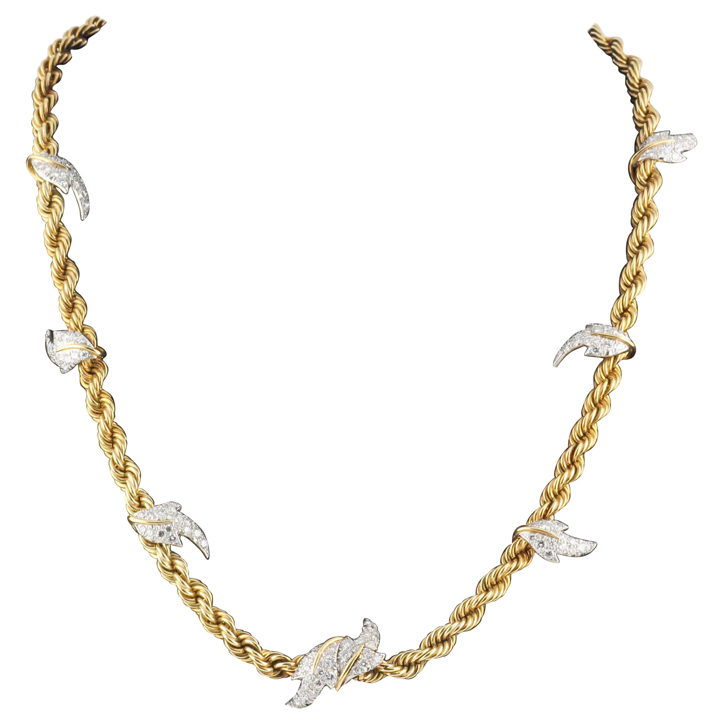 Tiffany & Co. Schlumberger Diamantblätter Platin 18k Gold Seil Halskette mit Diamanten