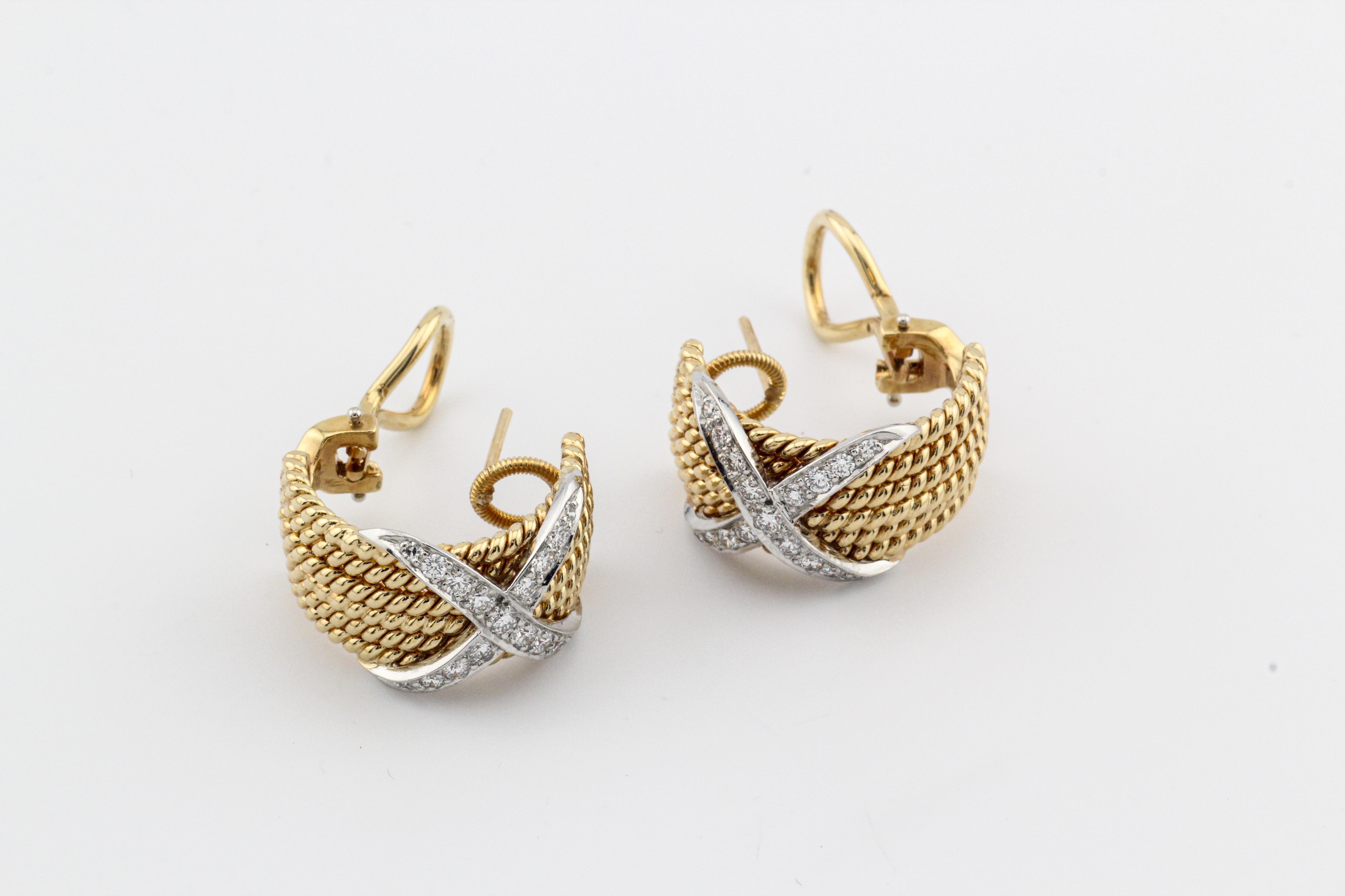Tiffany & Co. Schlumberger Diamond Platinum 18k Gold Rope Six-Row Earrings In Excellent Condition In Bellmore, NY
