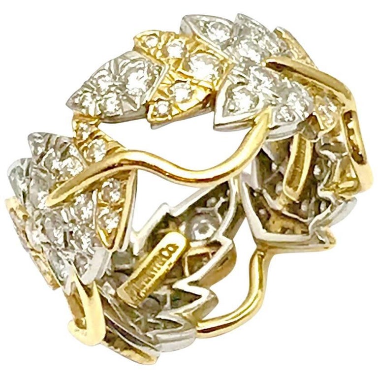 Tiffany and Co. Schlumberger Diamond Platinum and Gold Leaf Band at 1stDibs