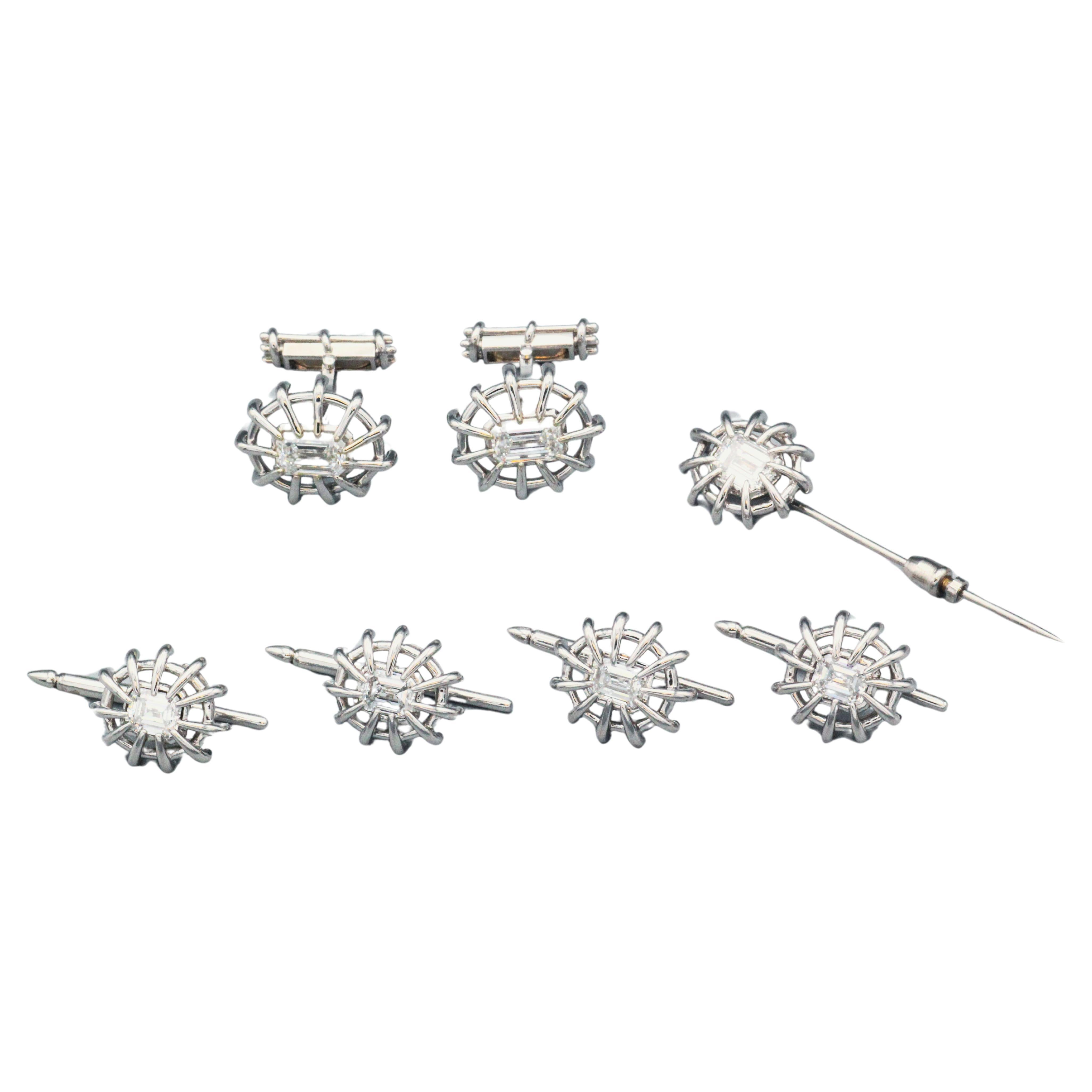 TIFFANY & CO. SCHLUMBERGER Diamond Platinum Cufflinks Studs Jabot Set For Sale