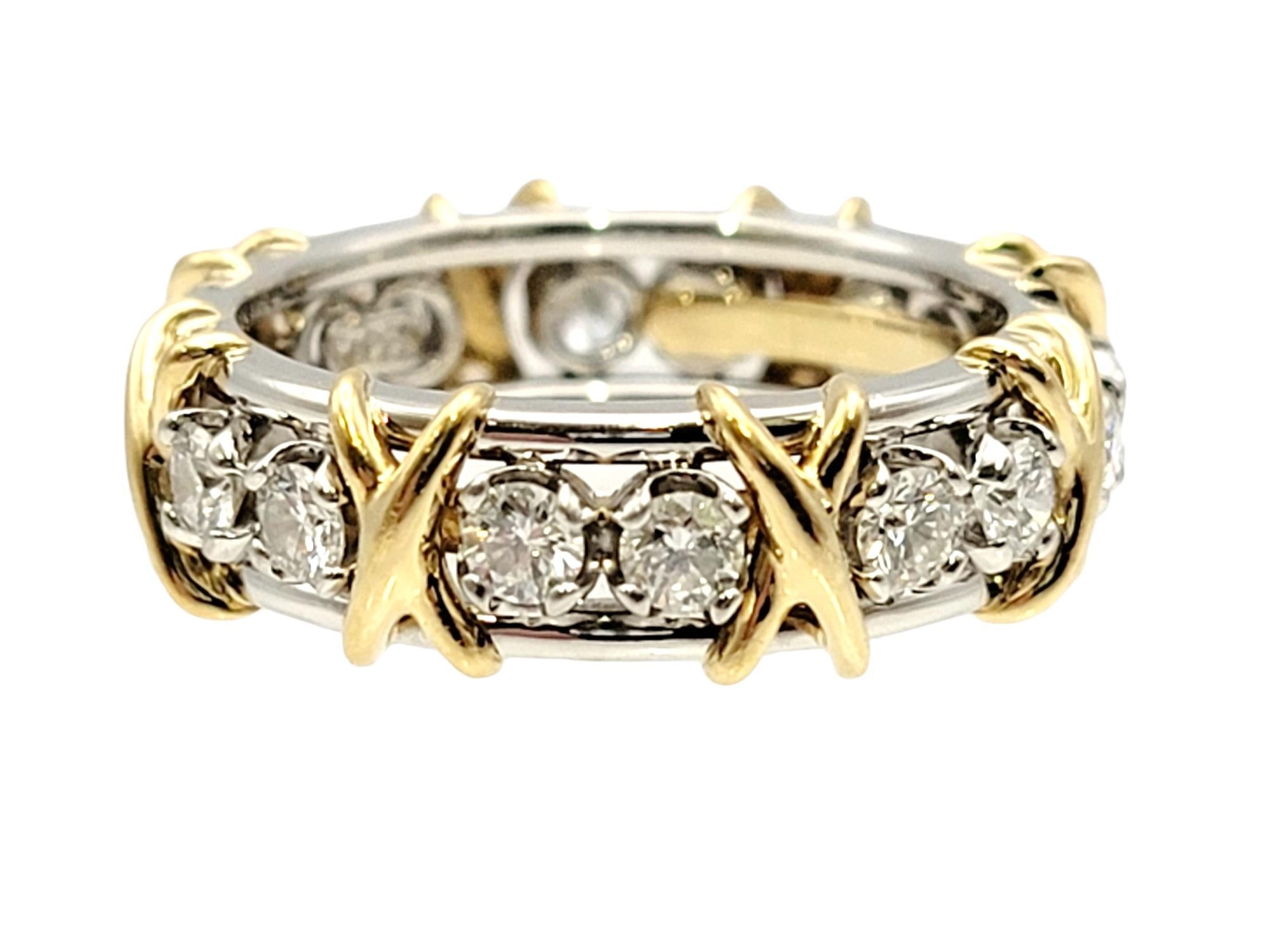 Round Cut Tiffany & Co. Schlumberger Diamond Sixteen-Stone Platinum and Gold Band Ring 