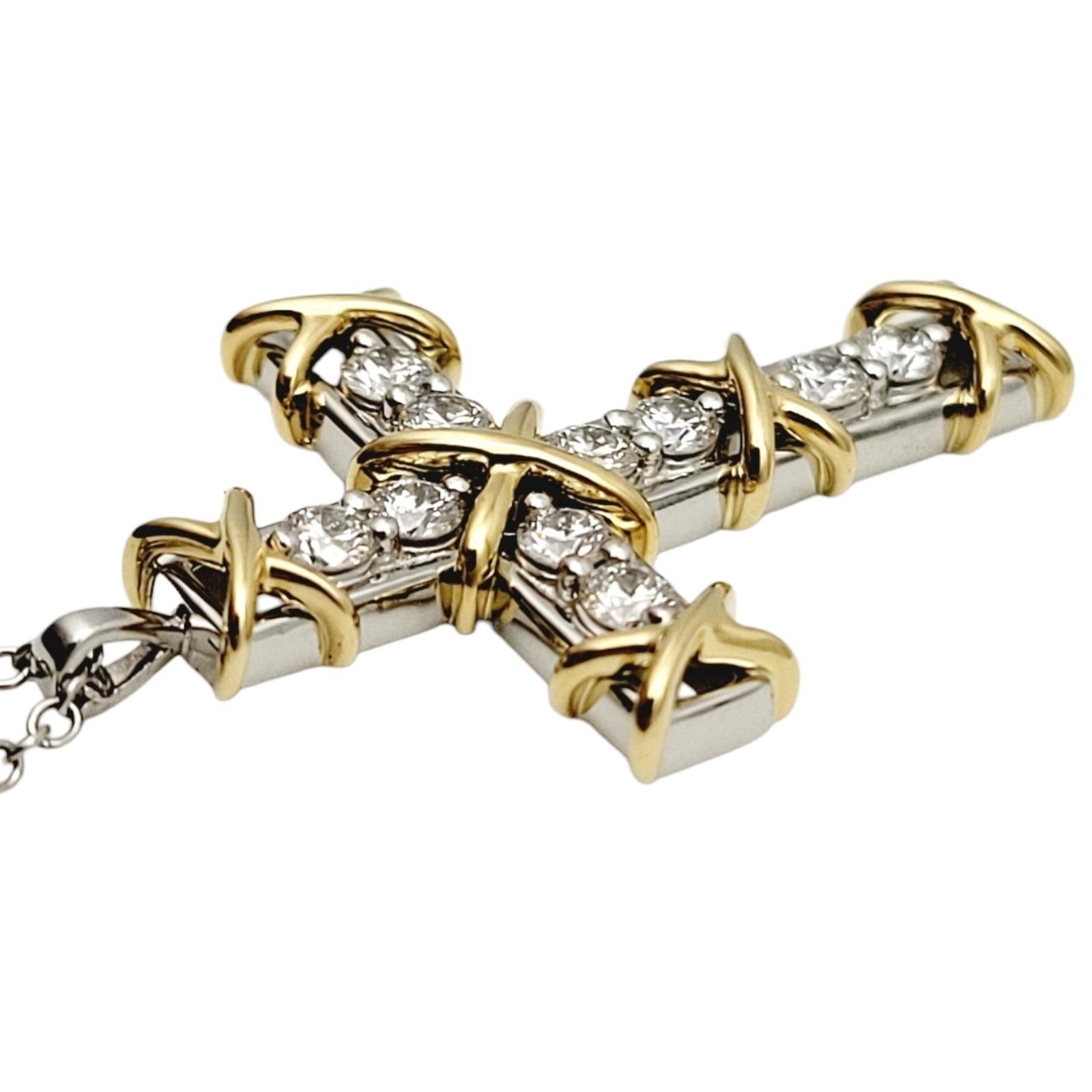 Round Cut Tiffany & Co. Schlumberger Diamond Ten Stone Gold and Platinum Cross Necklace 