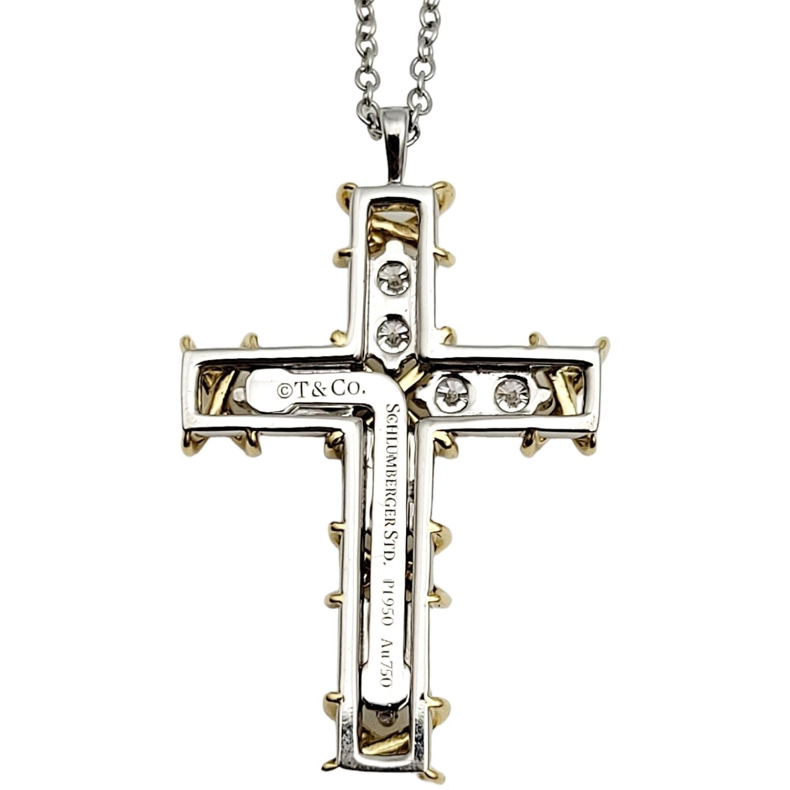 Tiffany & Co. Schlumberger Diamond Ten Stone Gold and Platinum Cross Necklace  In Excellent Condition In Scottsdale, AZ