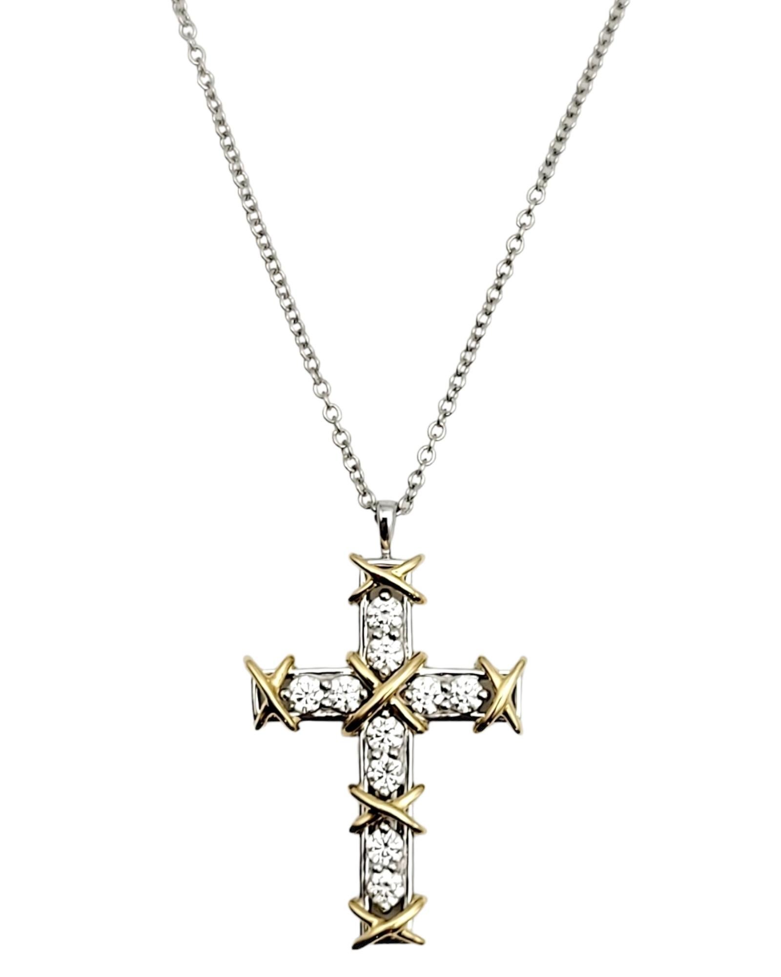 Women's or Men's Tiffany & Co. Schlumberger Diamond Ten Stone Gold and Platinum Cross Necklace 