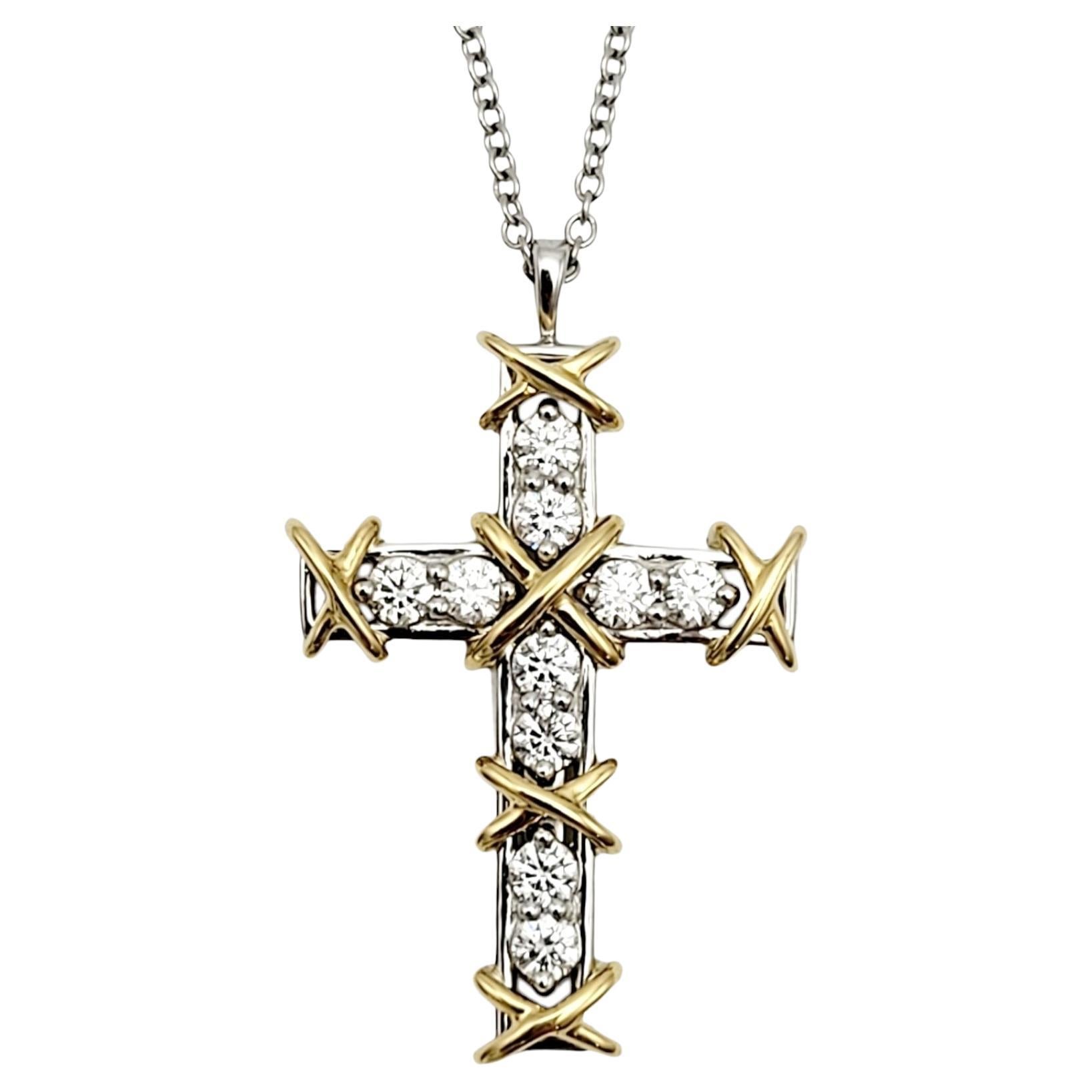 Tiffany & Co. Schlumberger Diamond Ten Stone Gold and Platinum Cross Necklace 