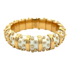 Tiffany & Co. Schlumberger Diamond White Enamel 18KYG Hinged Bangle Bracelet