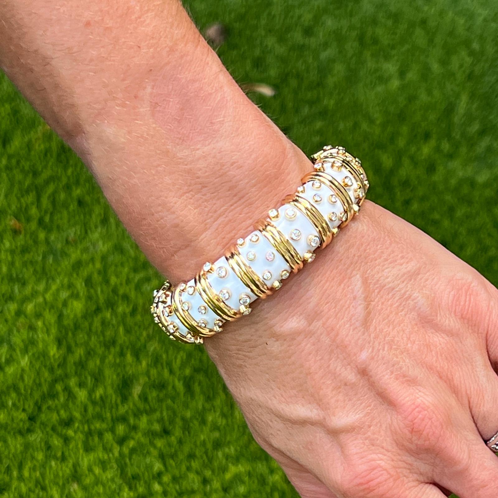 Tiffany & Co. Schlumberger Diamond White Enamel 18KYG Hinged Bangle Bracelet  In Excellent Condition In Boca Raton, FL