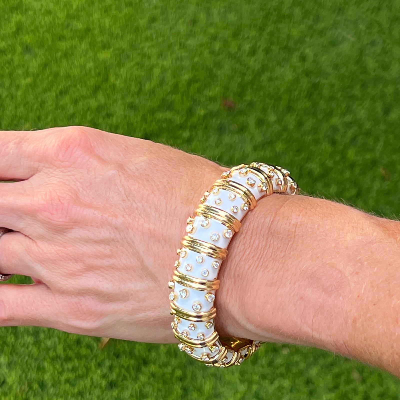 Women's Tiffany & Co. Schlumberger Diamond White Enamel 18KYG Hinged Bangle Bracelet 