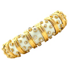 Tiffany & Co. Schlumberger Diamond White Enamel 18KYG Hinged Bangle Bracelet 