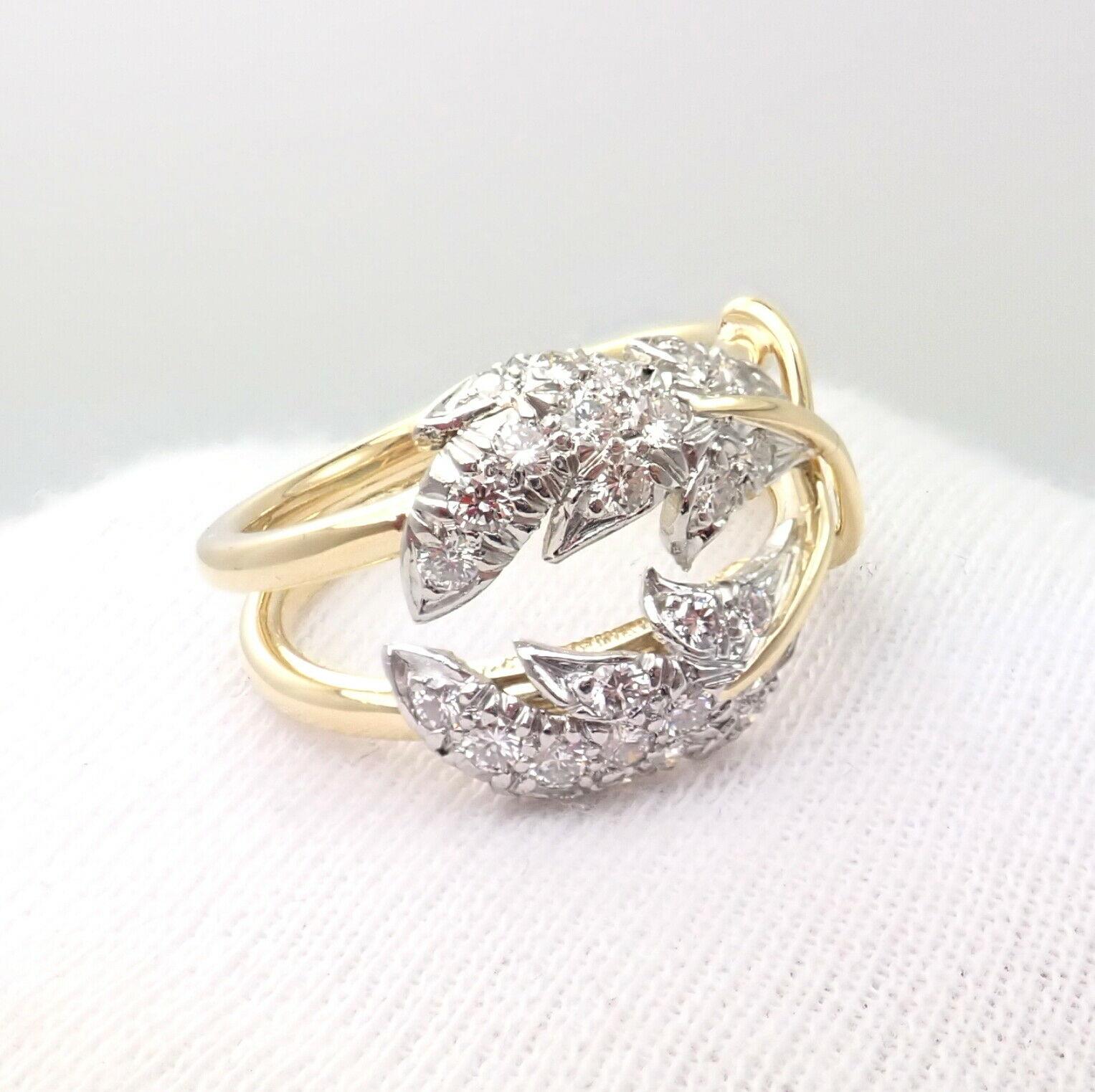 Tiffany & Co. Schlumberger Diamond Yellow Gold Platinum Two Leaves Ring 1