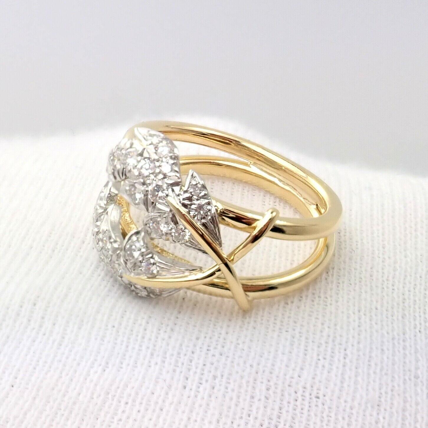 Tiffany & Co. Schlumberger Diamond Yellow Gold Platinum Two Leaves Ring 2