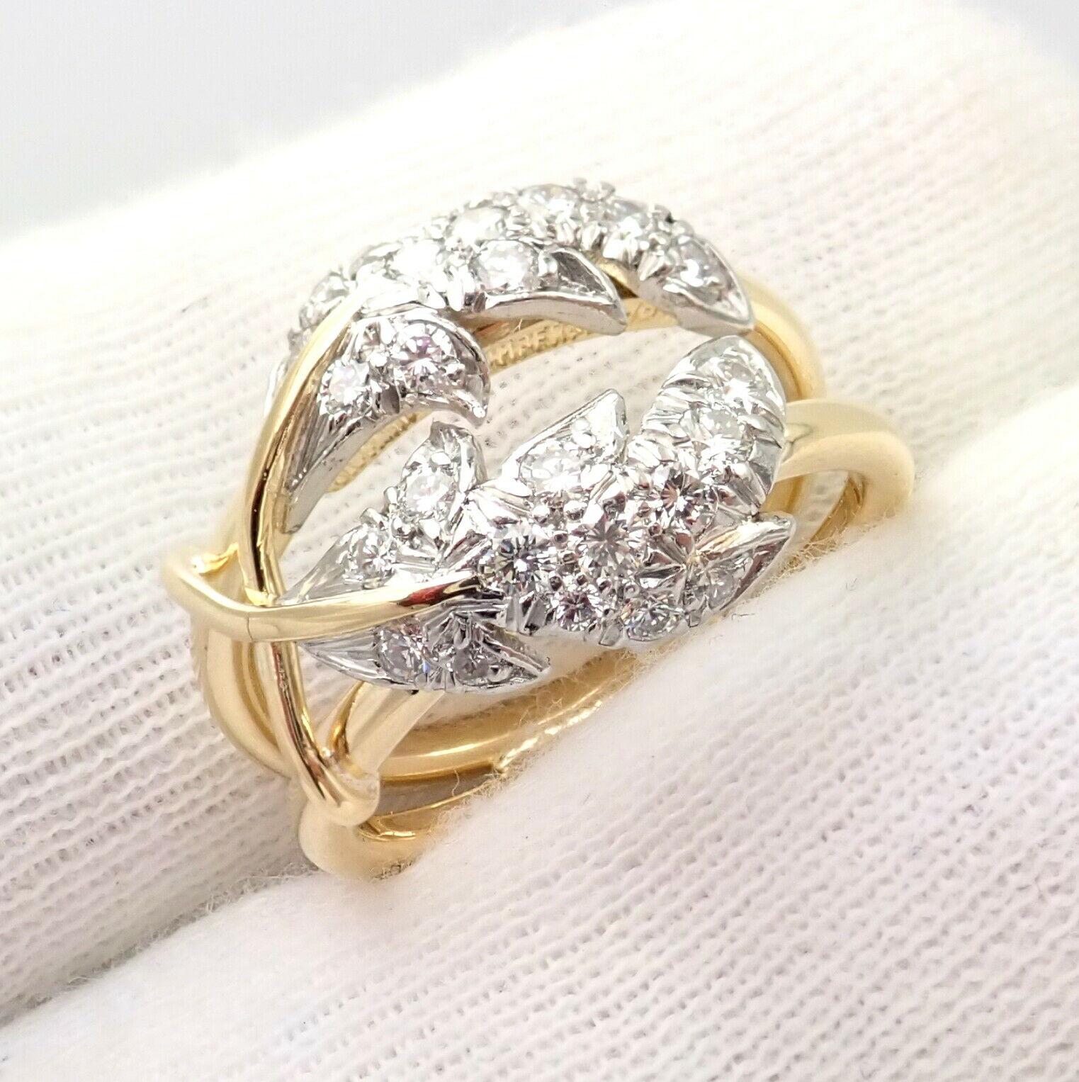 Tiffany & Co. Schlumberger Diamond Yellow Gold Platinum Two Leaves Ring 3