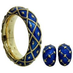 Tiffany & Co. Schlumberger Dot Losange Blue Enamel Bangle Bracelet and Earrings