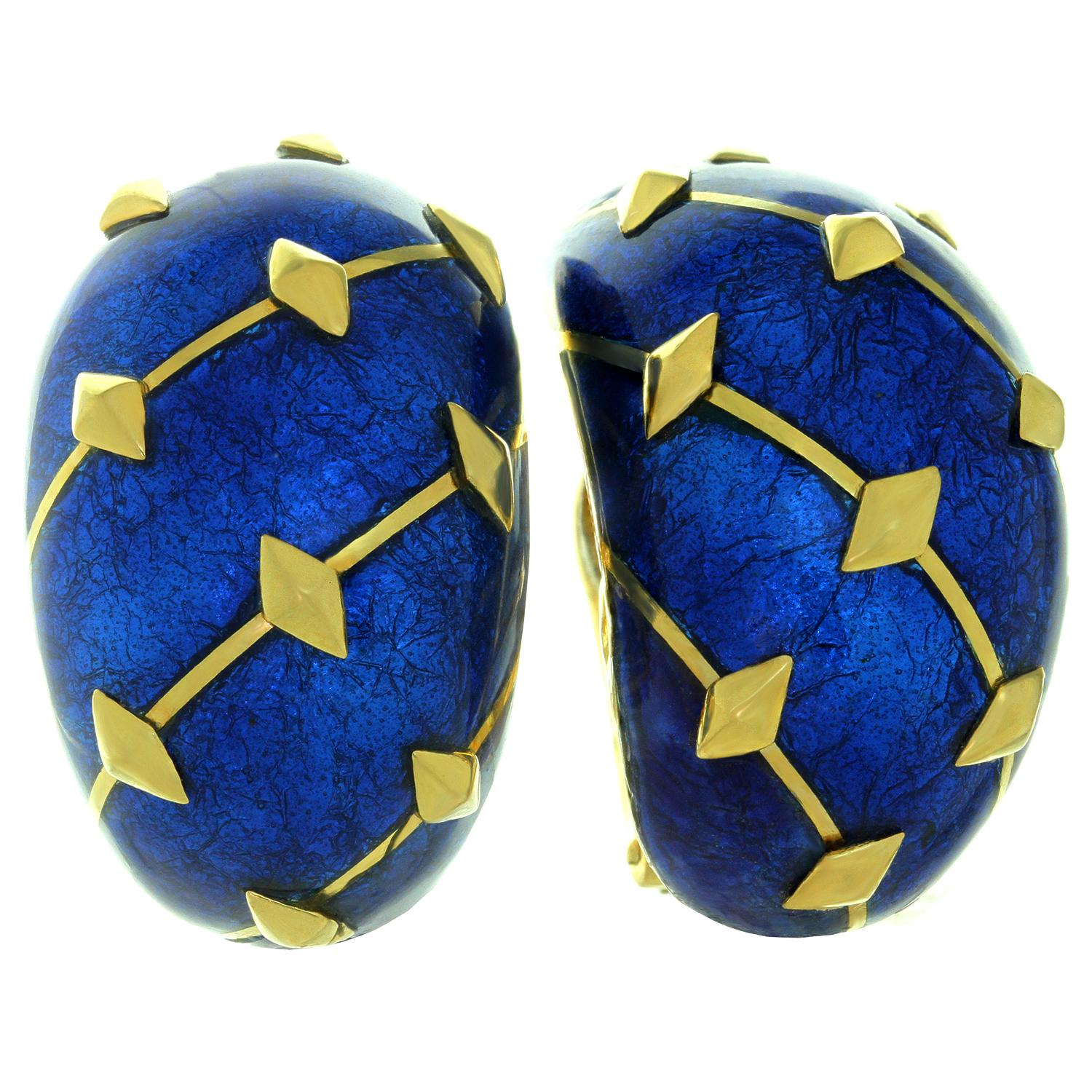 Tiffany & Co. Schlumberger Dot Losange Blue Enamel Bangle Bracelet and Earrings 1