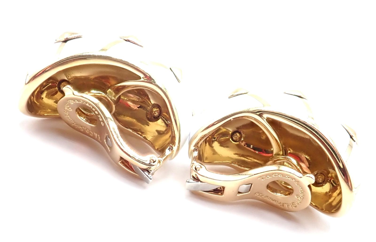 Tiffany & Co Schlumberger Dot Losange Boucles d'oreilles en or jaune émaillé blanc en vente 2