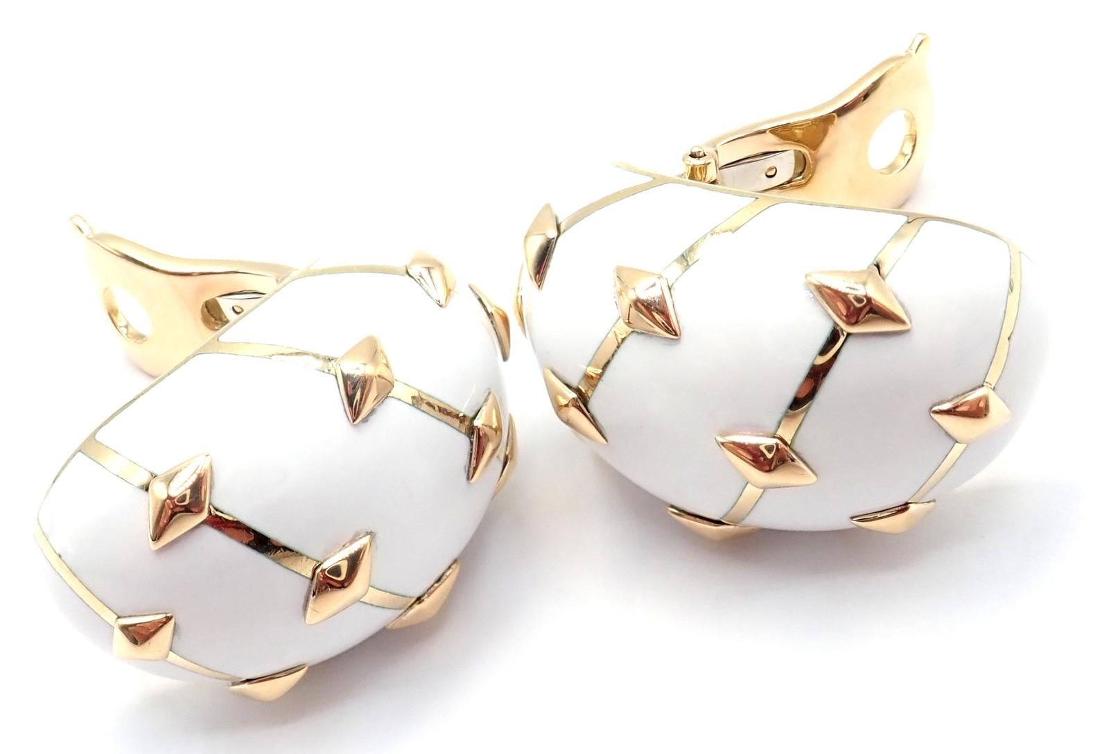 Tiffany & Co Schlumberger Dot Losange Boucles d'oreilles en or jaune émaillé blanc en vente 4