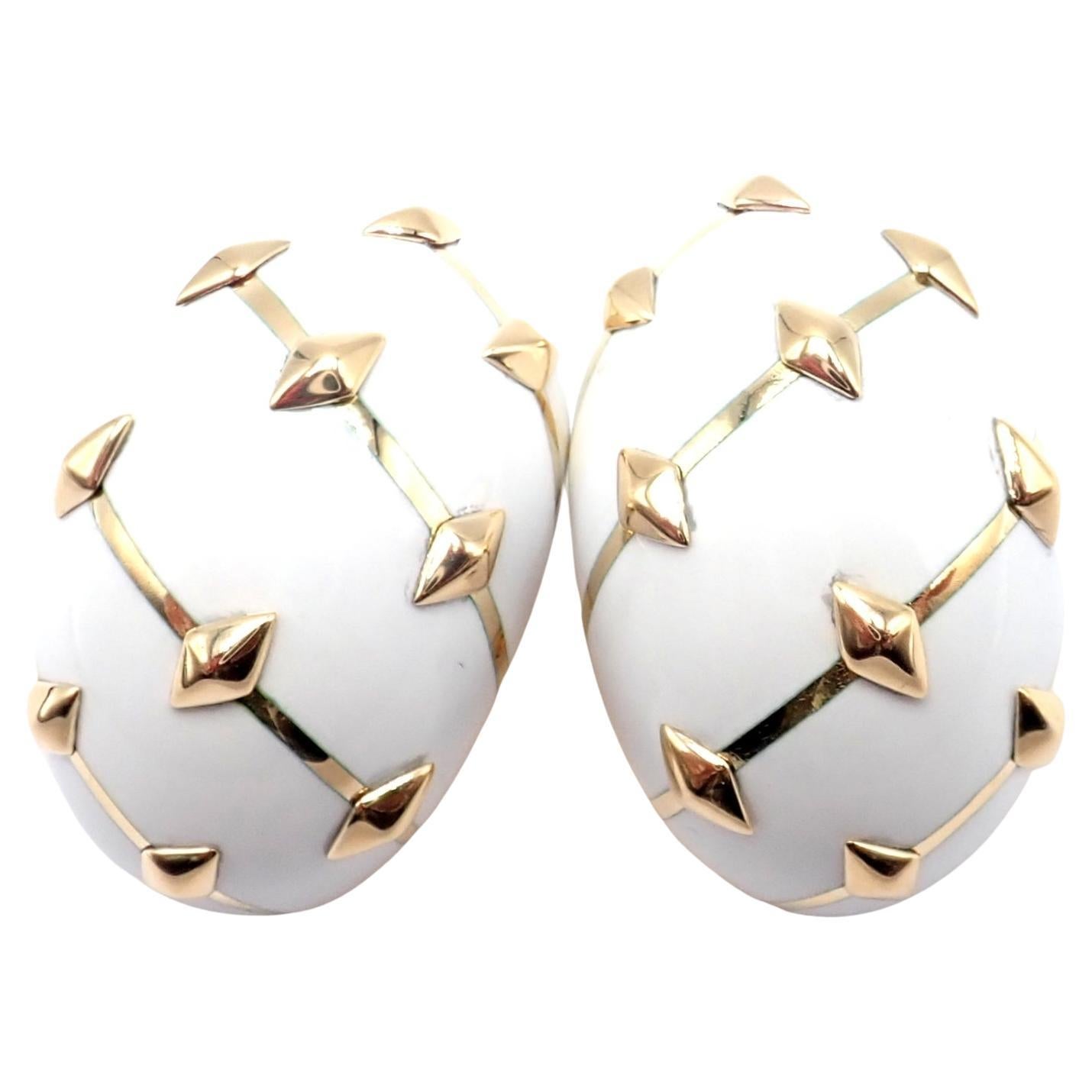Tiffany & Co Schlumberger Dot Losange White Enamel Yellow Gold Hoop Earrings