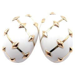 Tiffany & Co Schlumberger Dot Losange White Enamel Yellow Gold Hoop Earrings