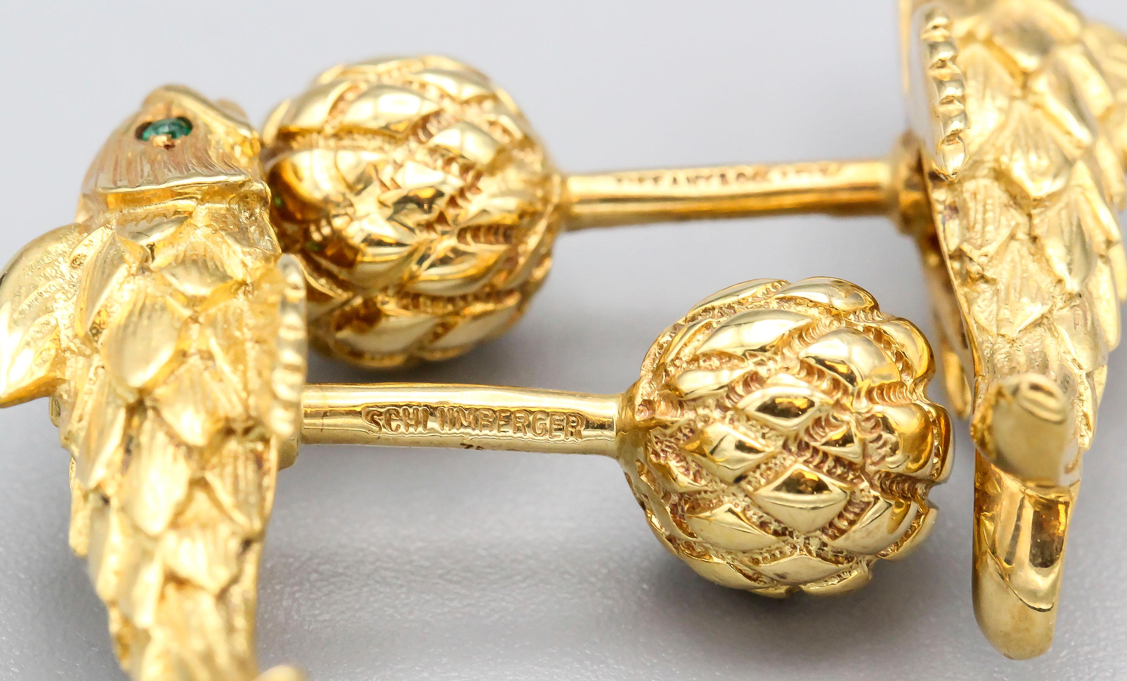 Tiffany & Co. Schlumberger Emerald 18k Gold Fish Cufflinks 1