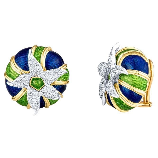 Tiffany & Co. Schlumberger Enamel and Diamond Earrings