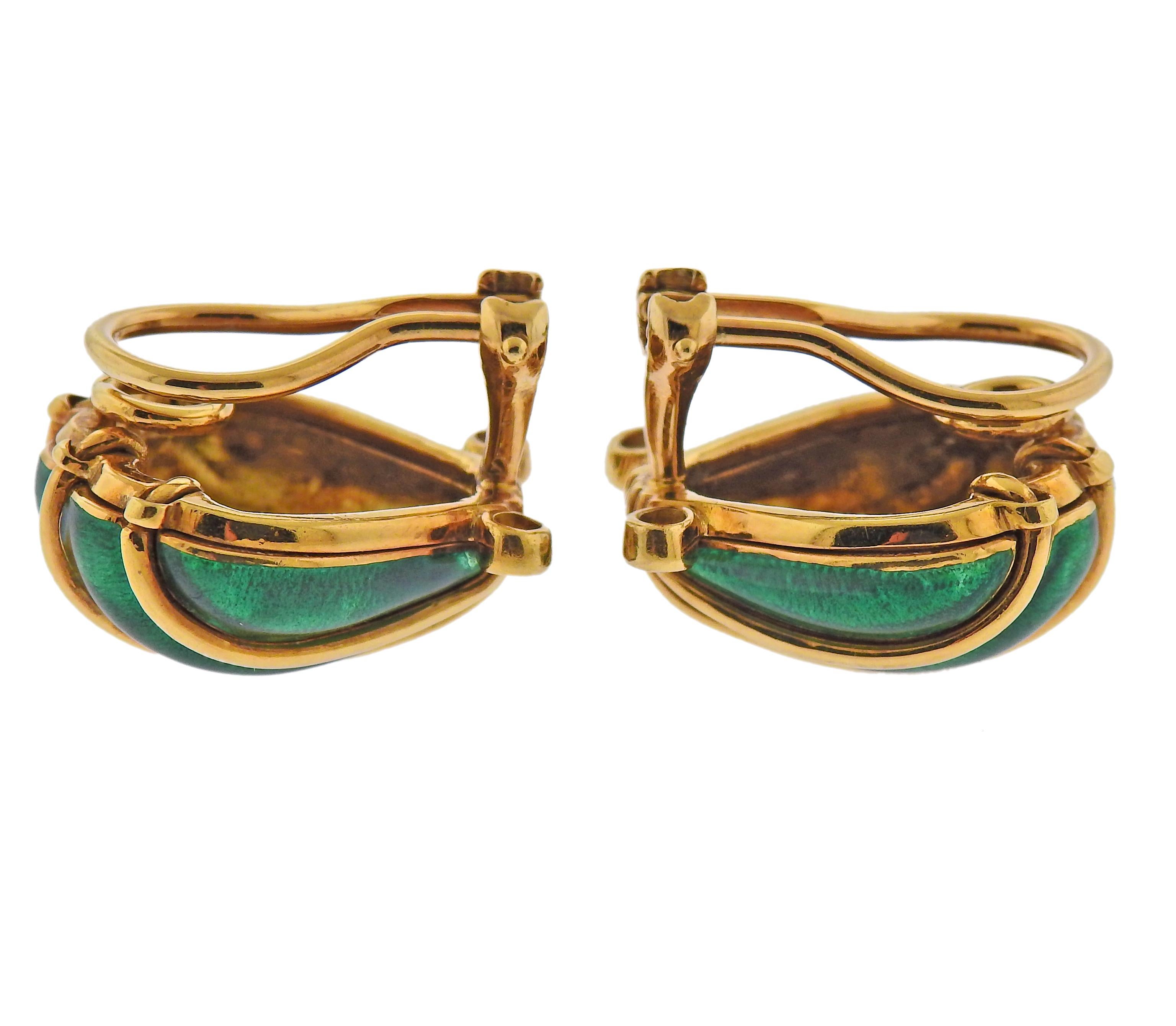 Pair of 18k gold shell motif earrings by Jean Schlumberger for Tiffany & Co, with bright green enamel and approx. 0.24ctw in G/VS diamonds.  Earrings are 20mm x 18mm. Weight - 20.9 grams. Marked: Tiffany & Co, Schlumberger, 750.