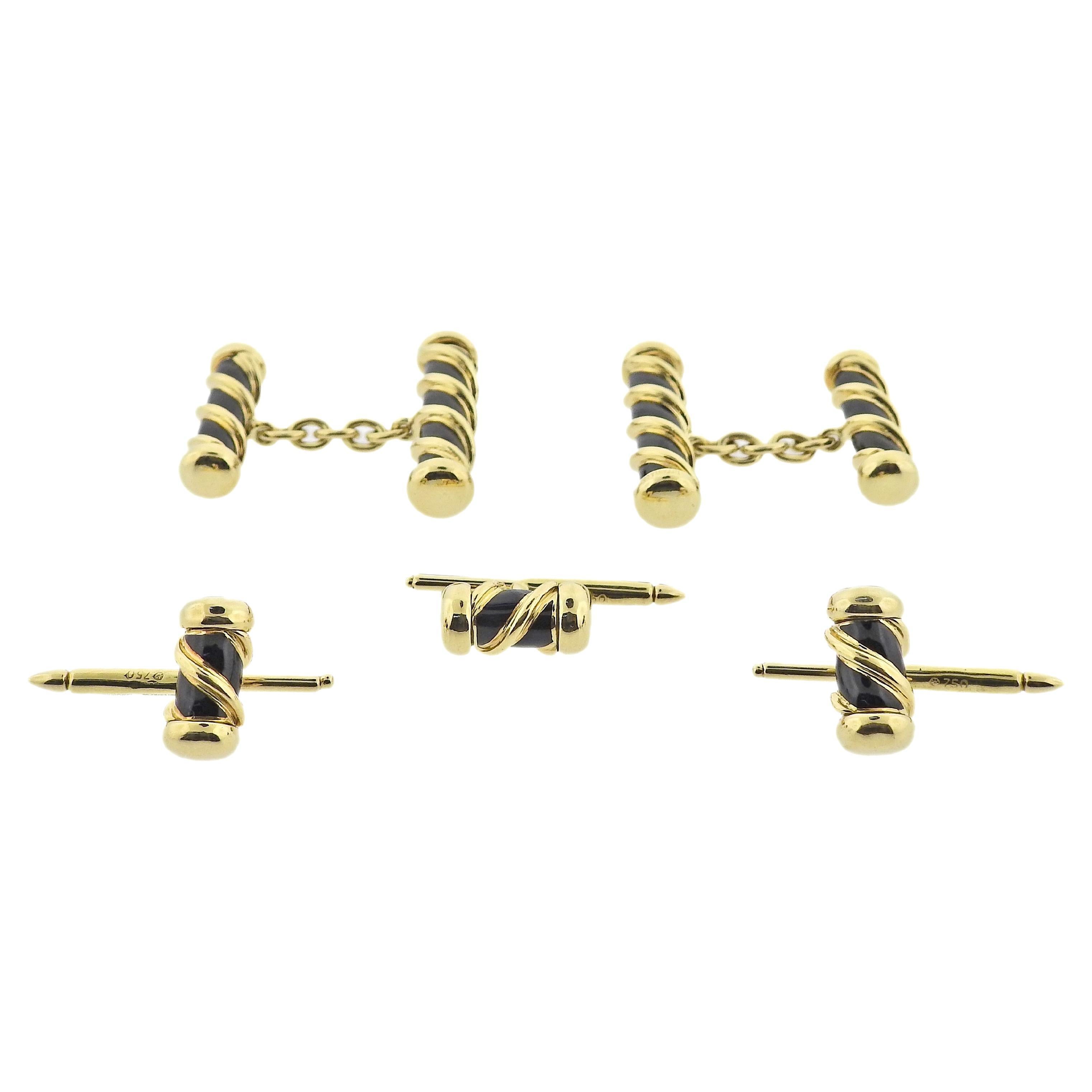 Tiffany & Co Schlumberger Enamel Gold Scroll Cufflinks Stud Set