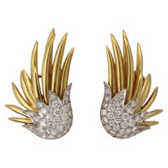 Tiffany & Co. Schlumberger Flame Diamond 18k Yellow Gold Platinum Earrings