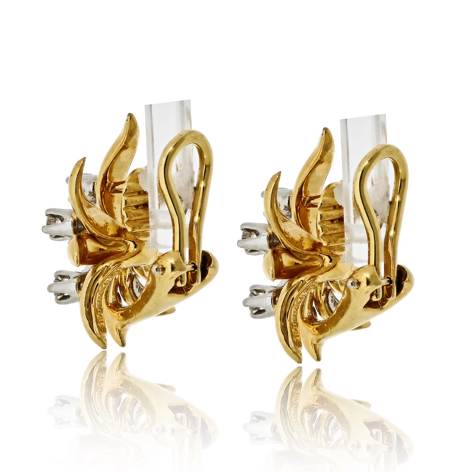 Round Cut Tiffany & Co Schlumberger Flame Diamond Earrings Gold Platinum