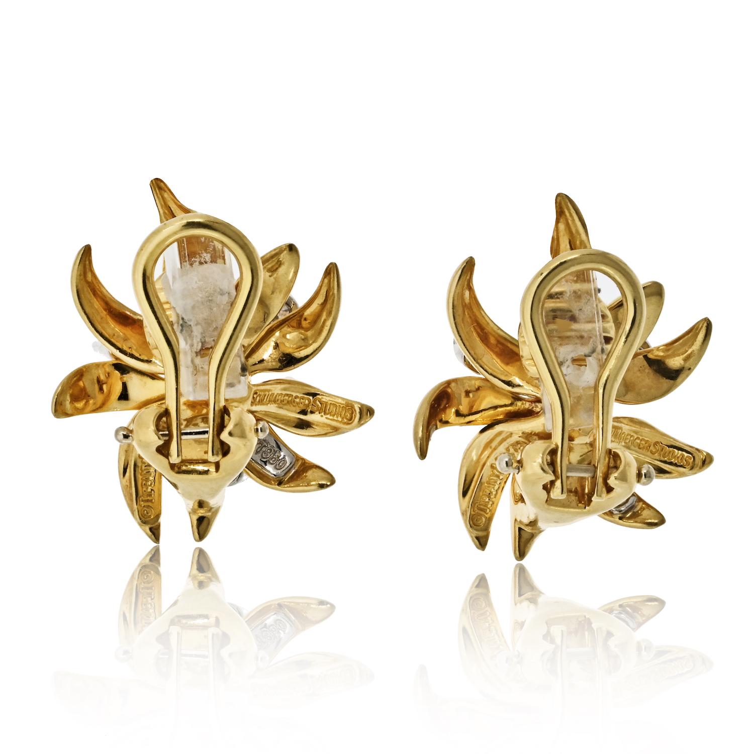 Tiffany & Co Schlumberger Flame Diamond Earrings Gold Platinum In Excellent Condition In New York, NY