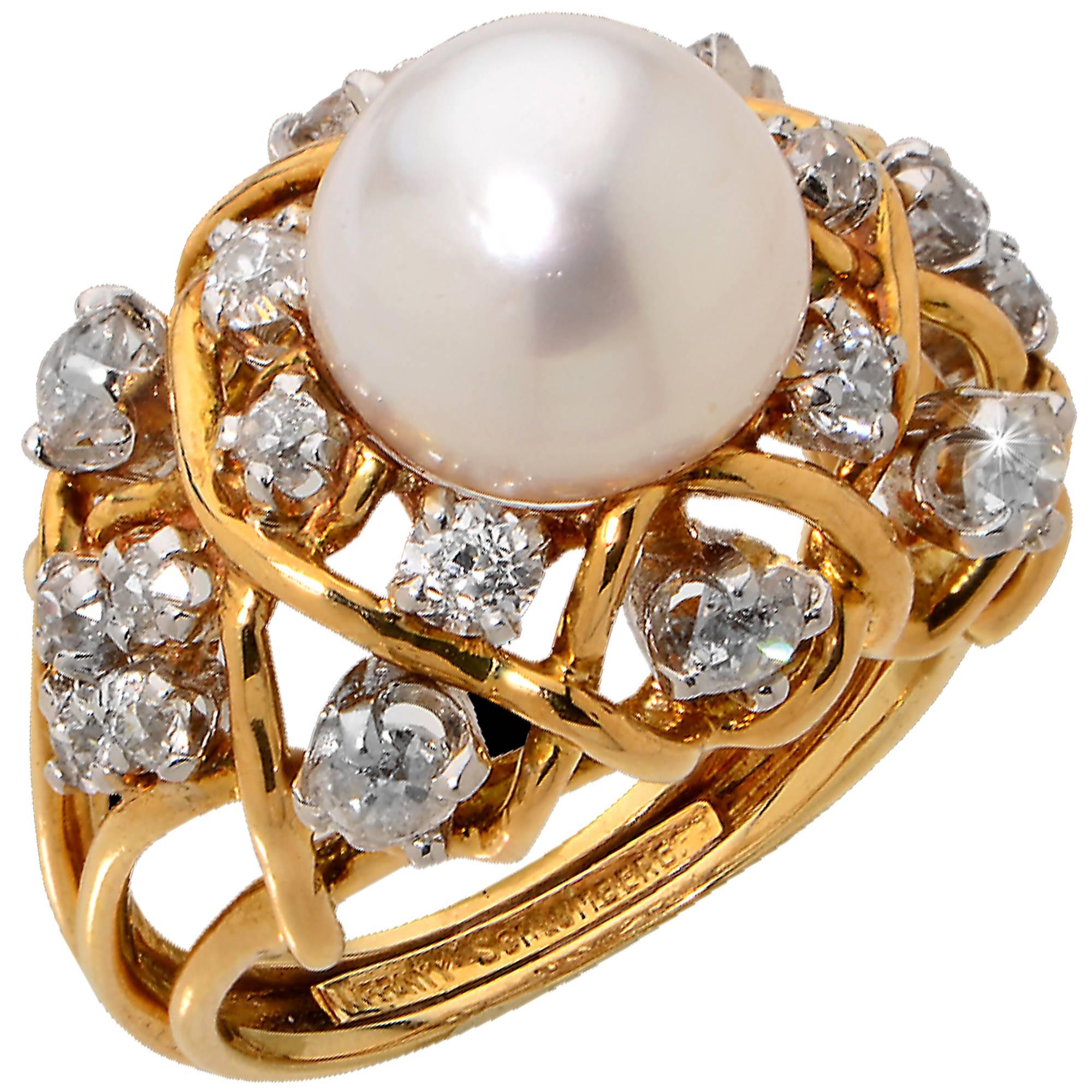 Tiffany & Co. Schlumberger  GIA Graded Natural Pearl and Diamond Ring