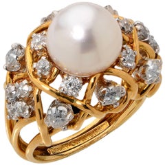 Retro Tiffany & Co. Schlumberger  GIA Graded Natural Pearl and Diamond Ring