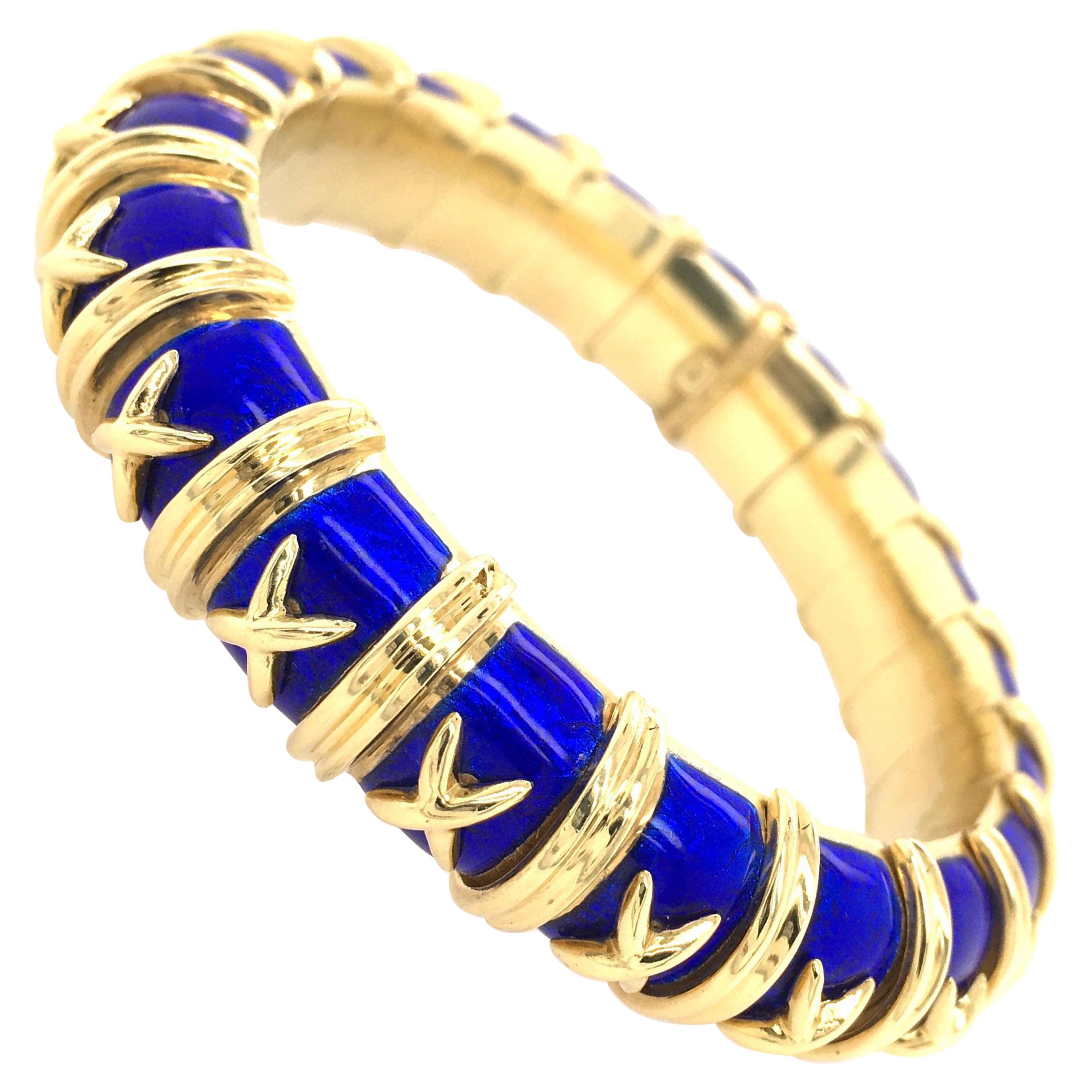 Tiffany & Co, Schlumberger Gold and Blue Enamel Croisillon Bangle Bracelet