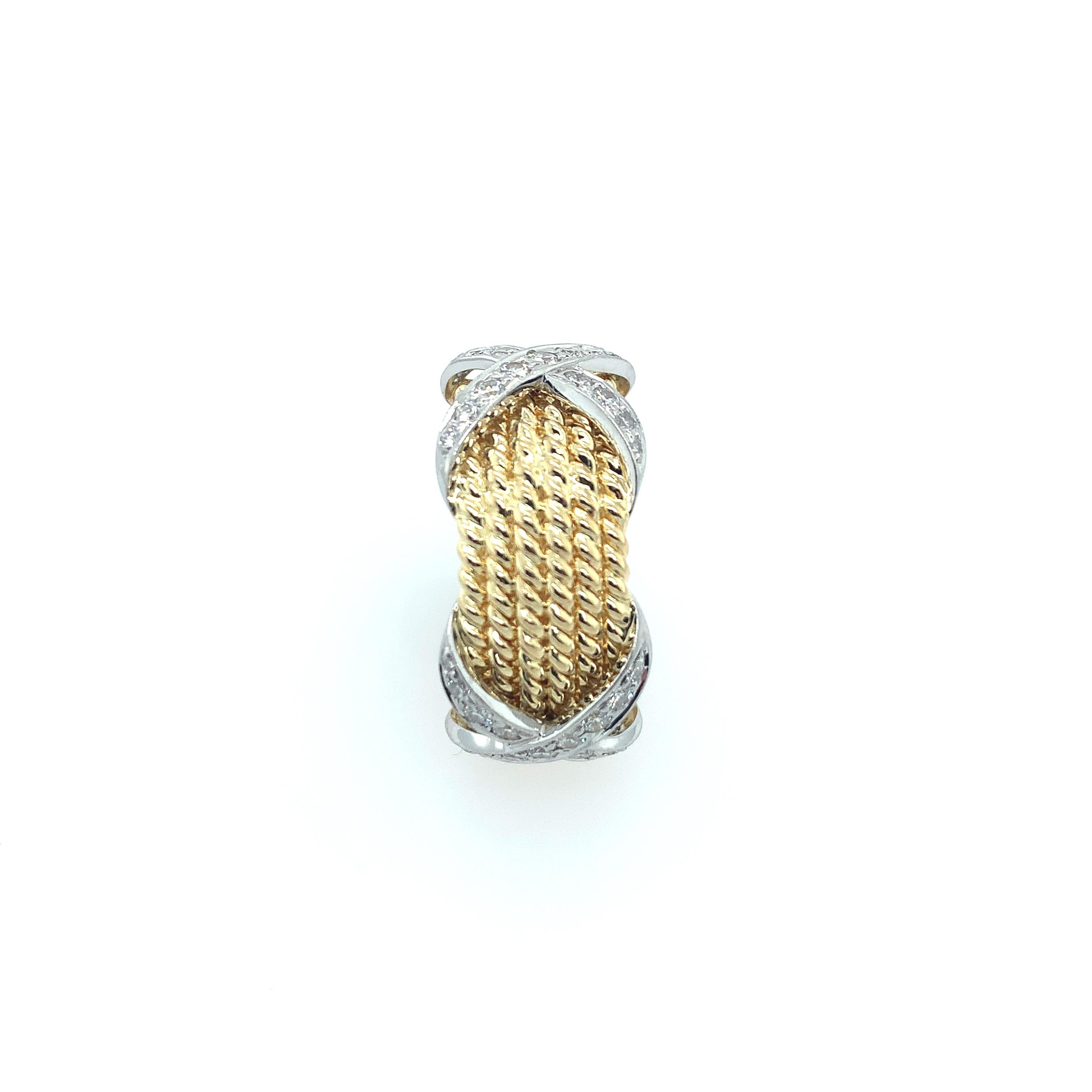 Contemporary Tiffany & Co. Schlumberger Gold and Diamond Rope Six-Row X Ring