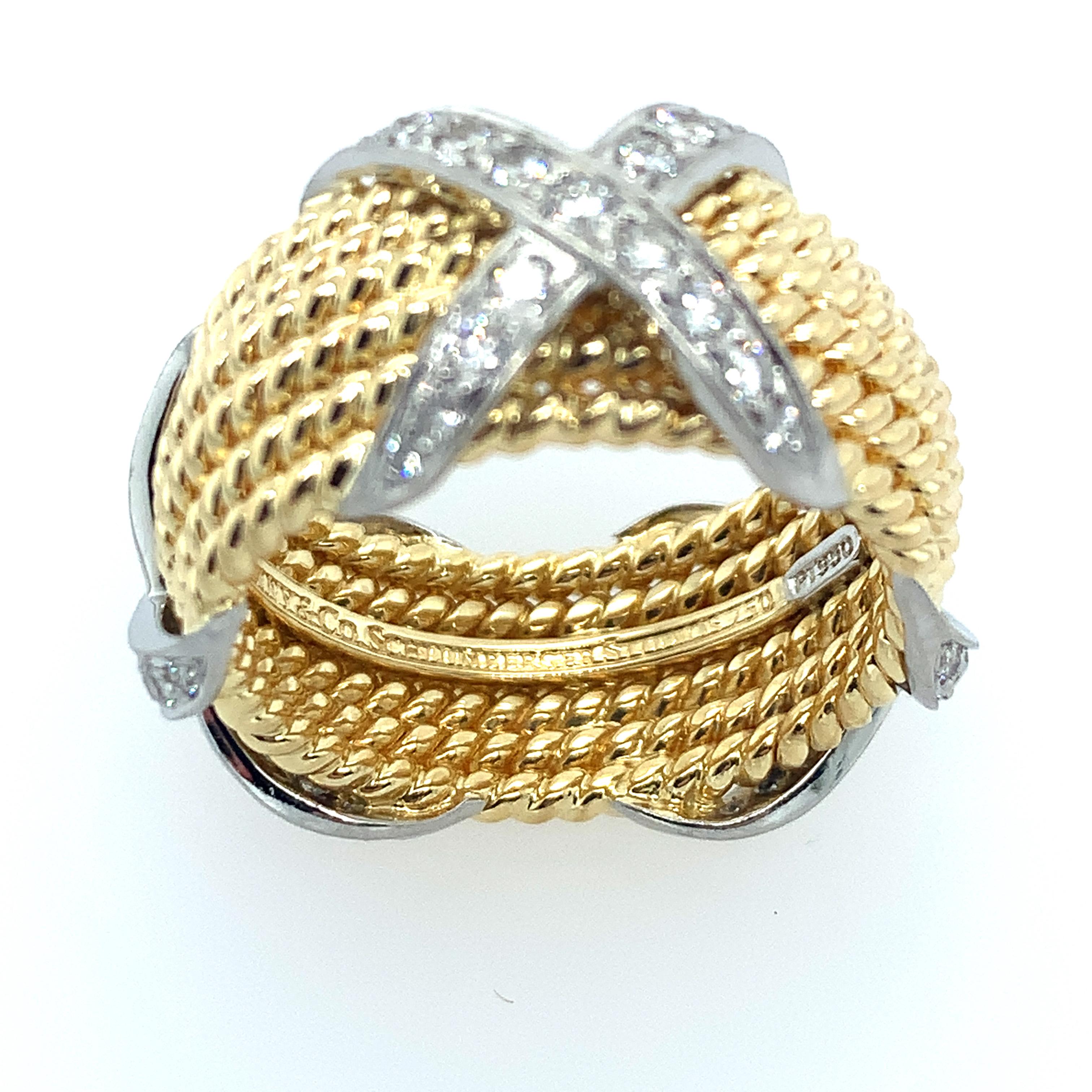 Brilliant Cut Tiffany & Co. Schlumberger Gold and Diamond Rope Six-Row X Ring