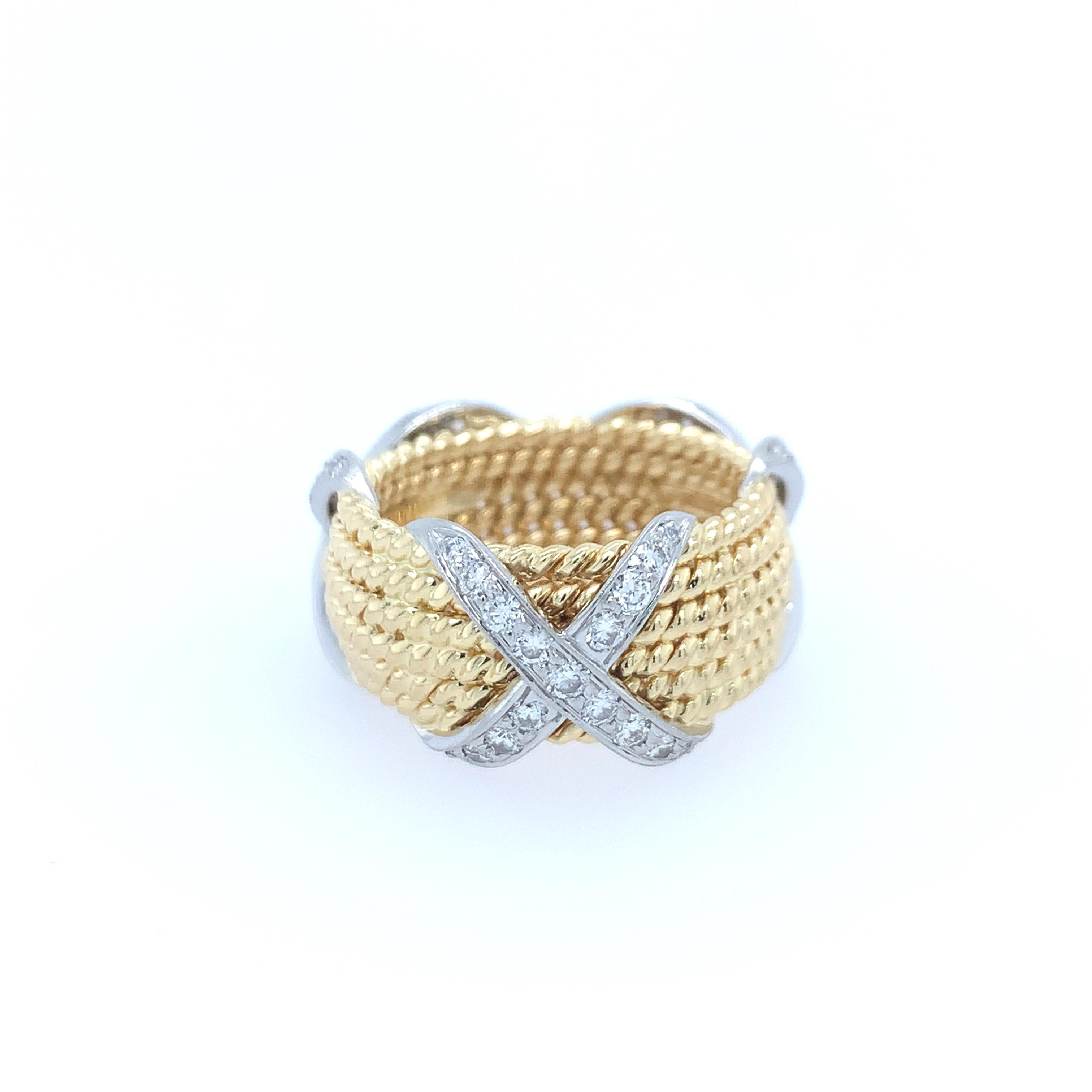 Women's or Men's Tiffany & Co. Schlumberger Gold and Diamond Rope Six-Row X Ring