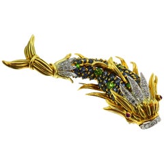 Vintage Tiffany & Co. Schlumberger Gold Fish Clip Pin Brooch Diamond Gemstones, 1950s