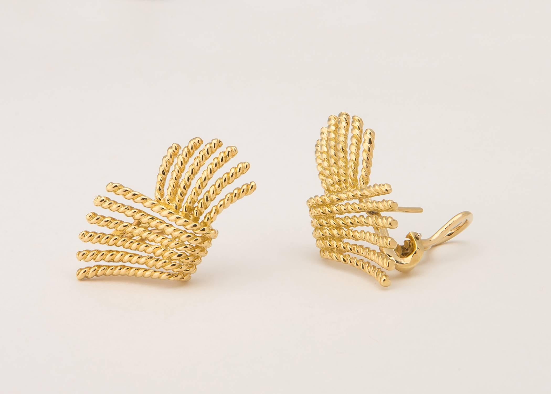 The acclaimed French jewelry designer Jean Schlumberger joined Tiffany & Co. in the 1950's  His creations are considered works of art and in some of the finest collections. His gold rope earring offers a wearable shape and wonderful fit. 1 1/4