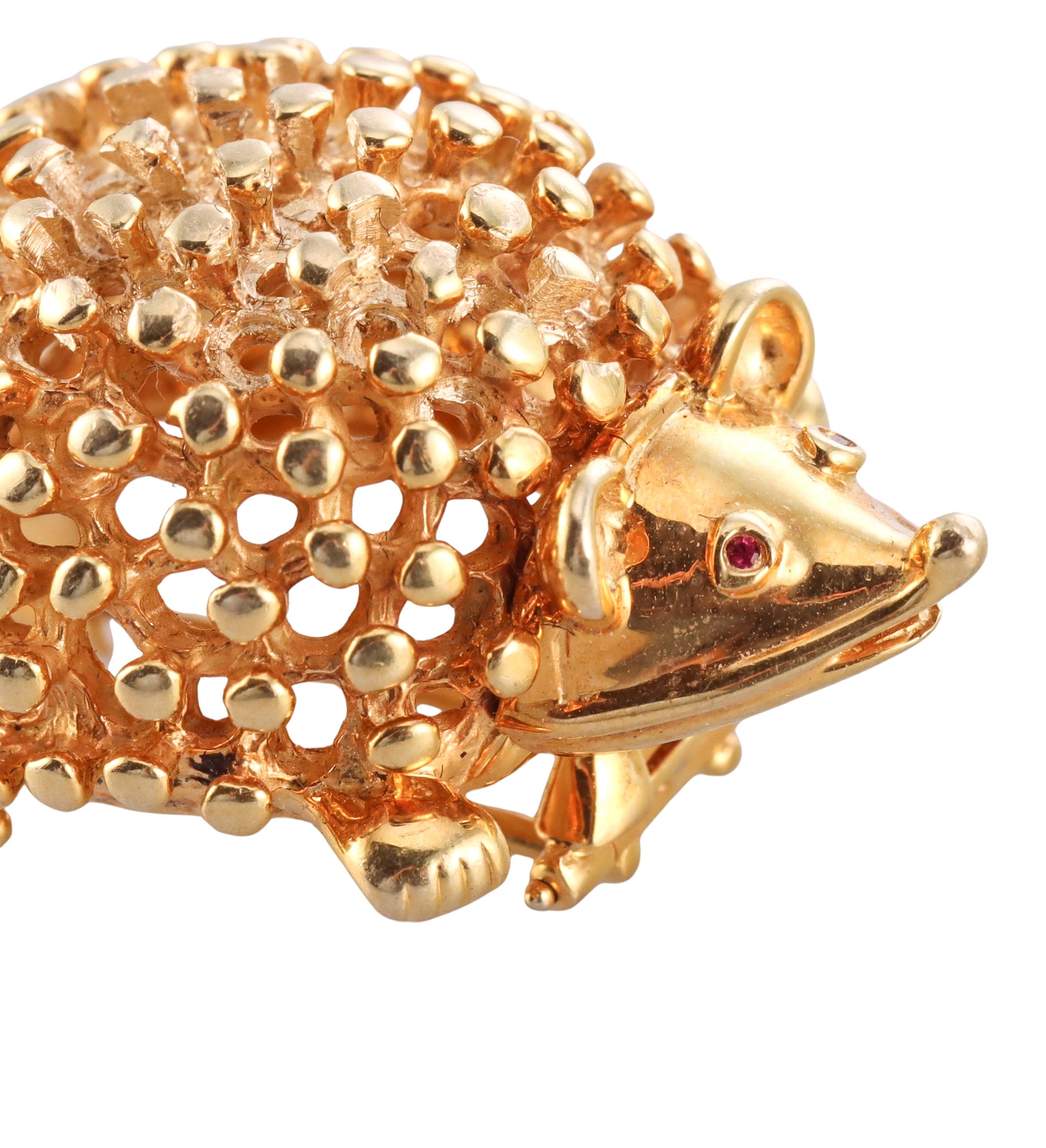 Round Cut Tiffany & Co Schlumberger Gold Ruby Hedgehog Brooch Pin For Sale
