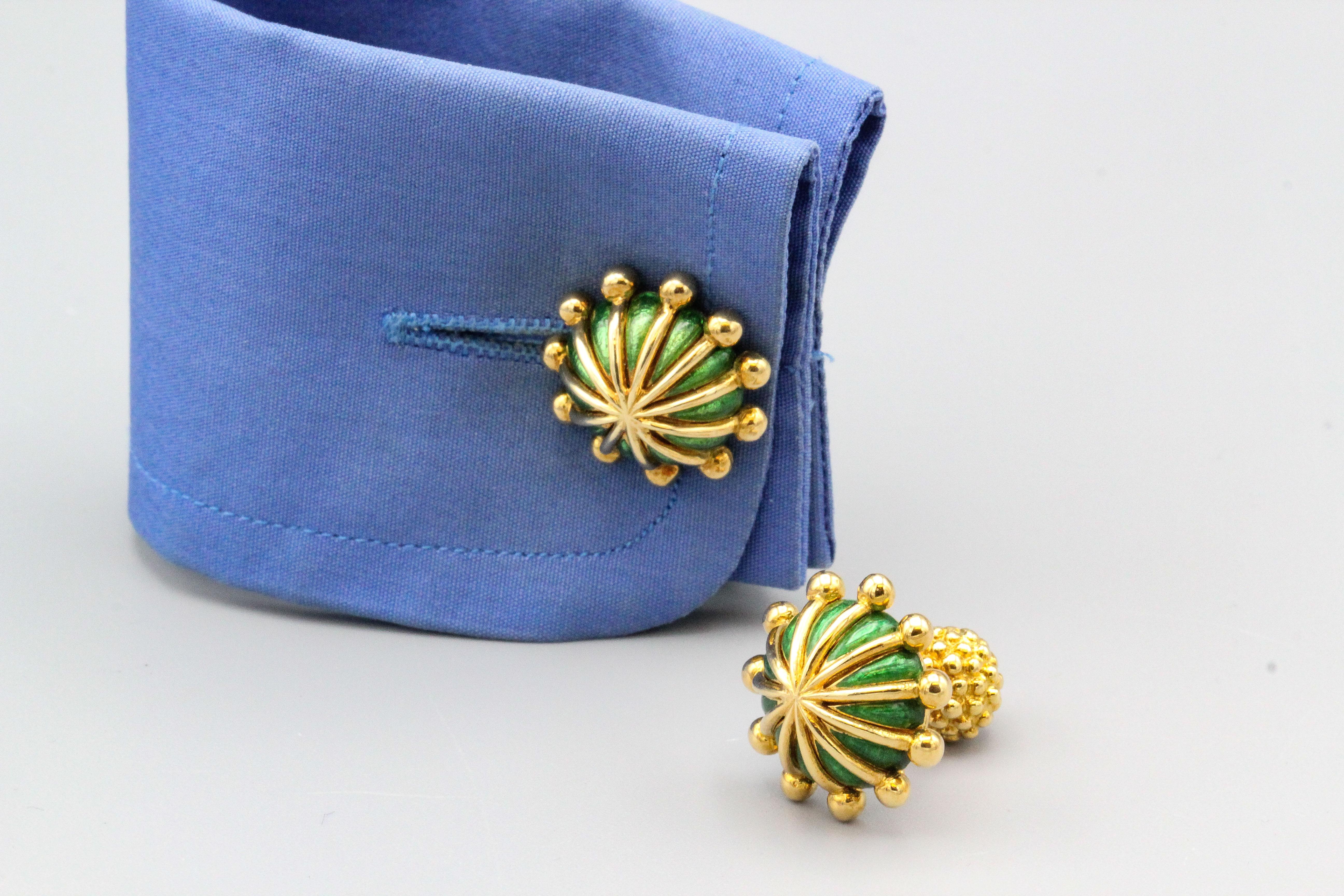 Women's or Men's Tiffany & Co. Schlumberger Green Enamel  18 Karat Gold Umbrella Cufflinks