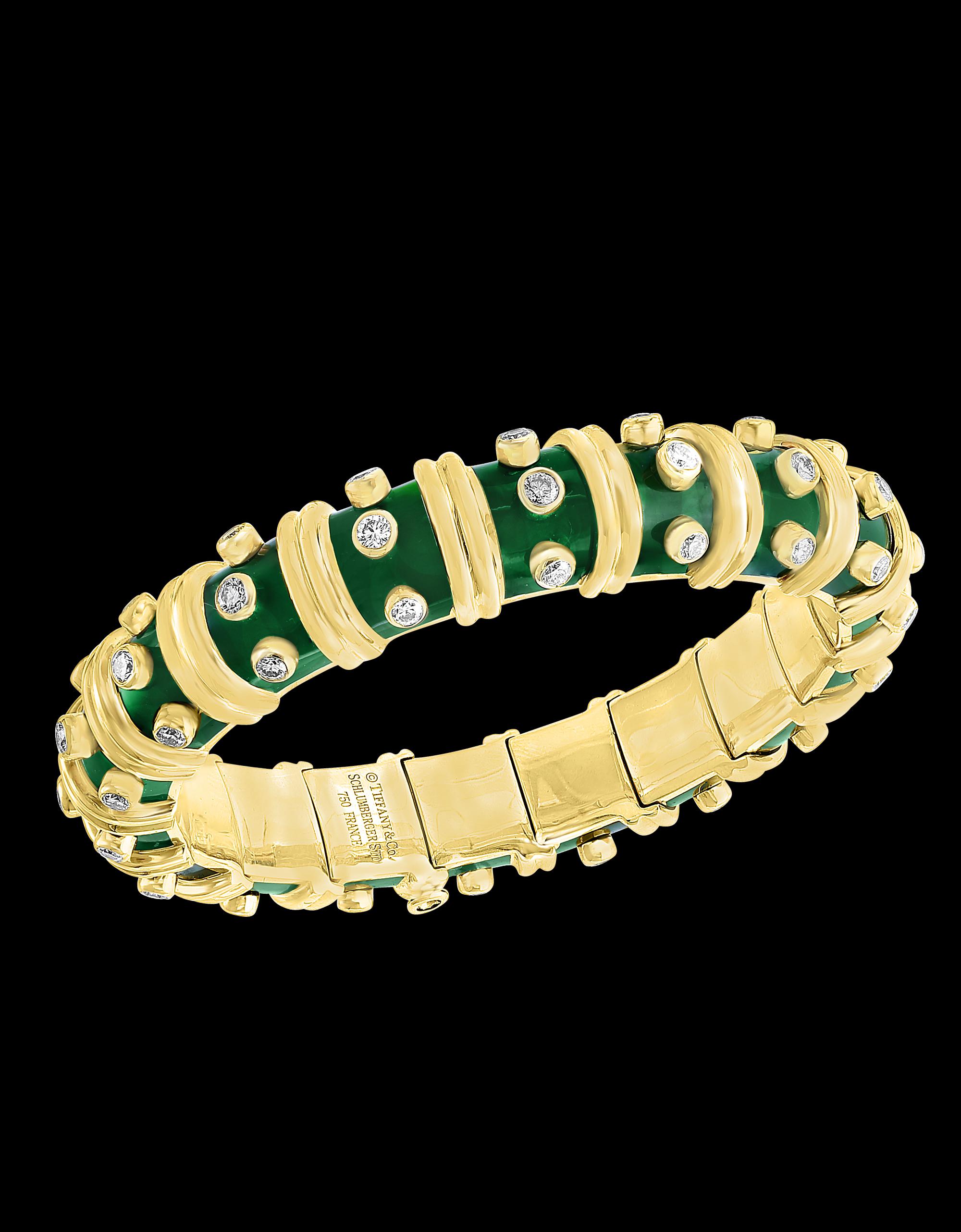 Schlumberger for Tiffany & Co 18 Karat Yellow Gold, Enamel and Diamond Bangle Bracelet. Signed 