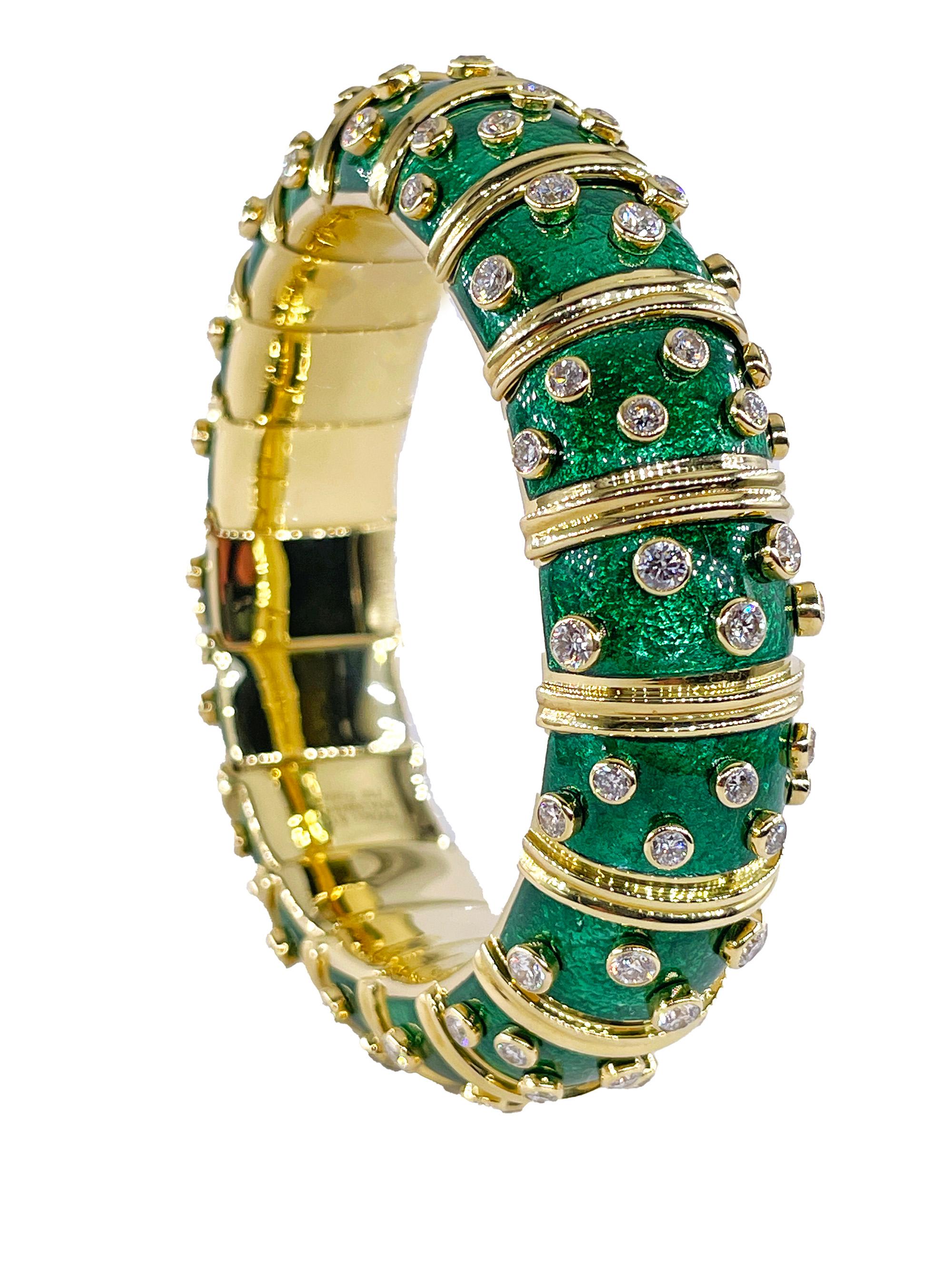 Tiffany & Co. Schlumberger Green Enamel Diamond Bangle Bracelet 18kt Gold France For Sale 11
