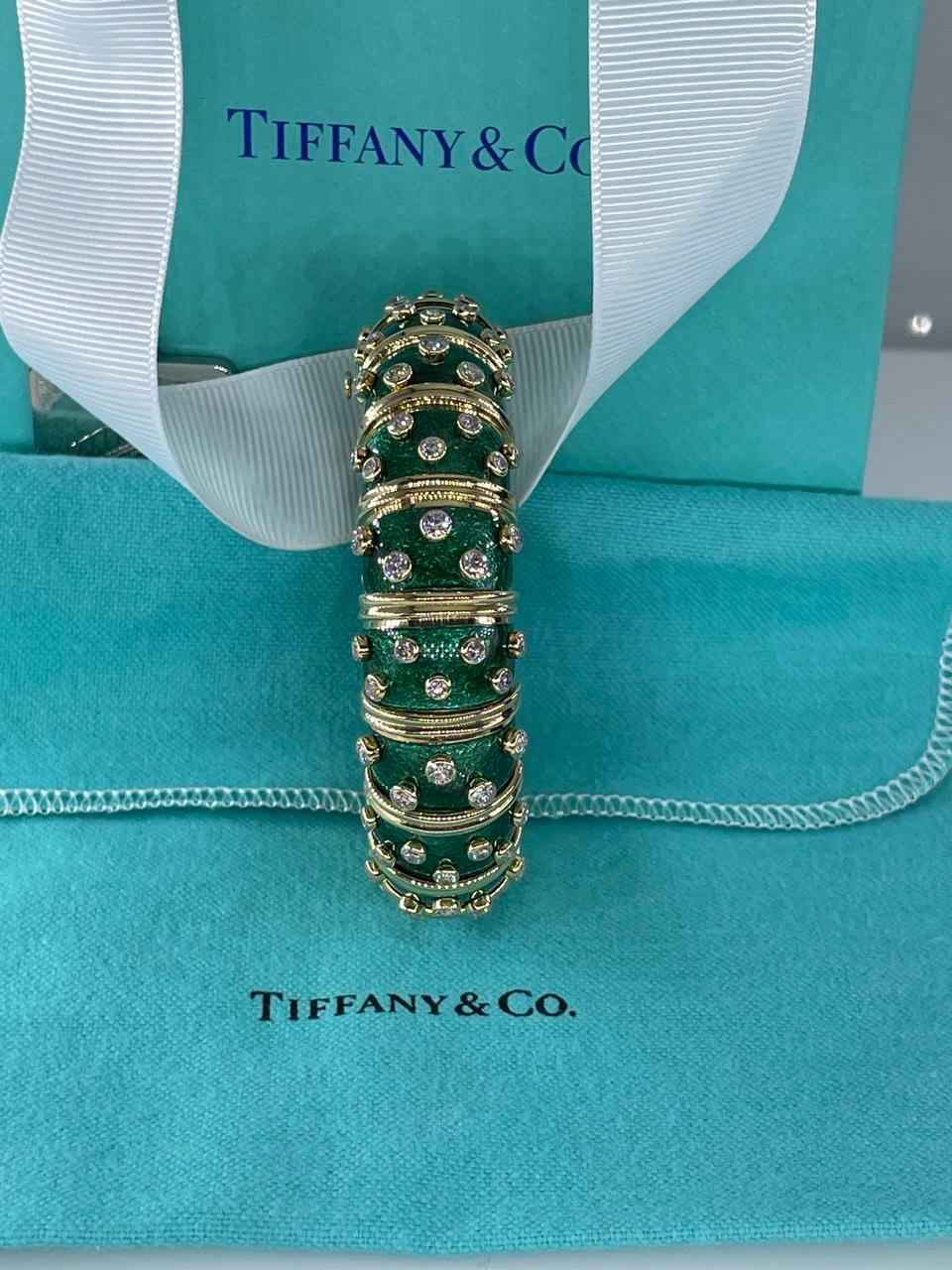 Tiffany & Co. Schlumberger Green Enamel Diamond Bangle Bracelet 18kt Gold France For Sale 13
