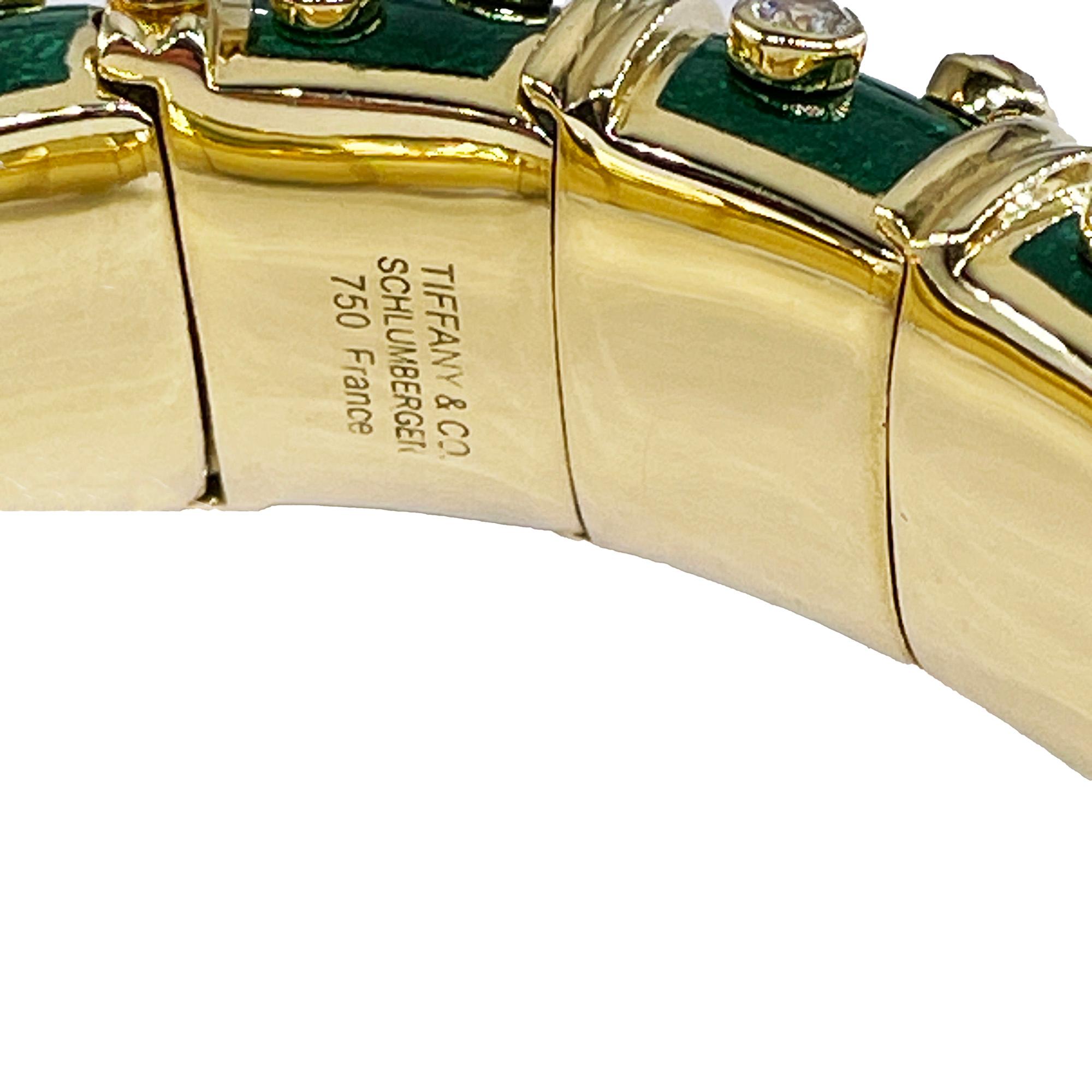 Modern Tiffany & Co. Schlumberger Green Enamel Diamond Bangle Bracelet 18kt Gold France For Sale