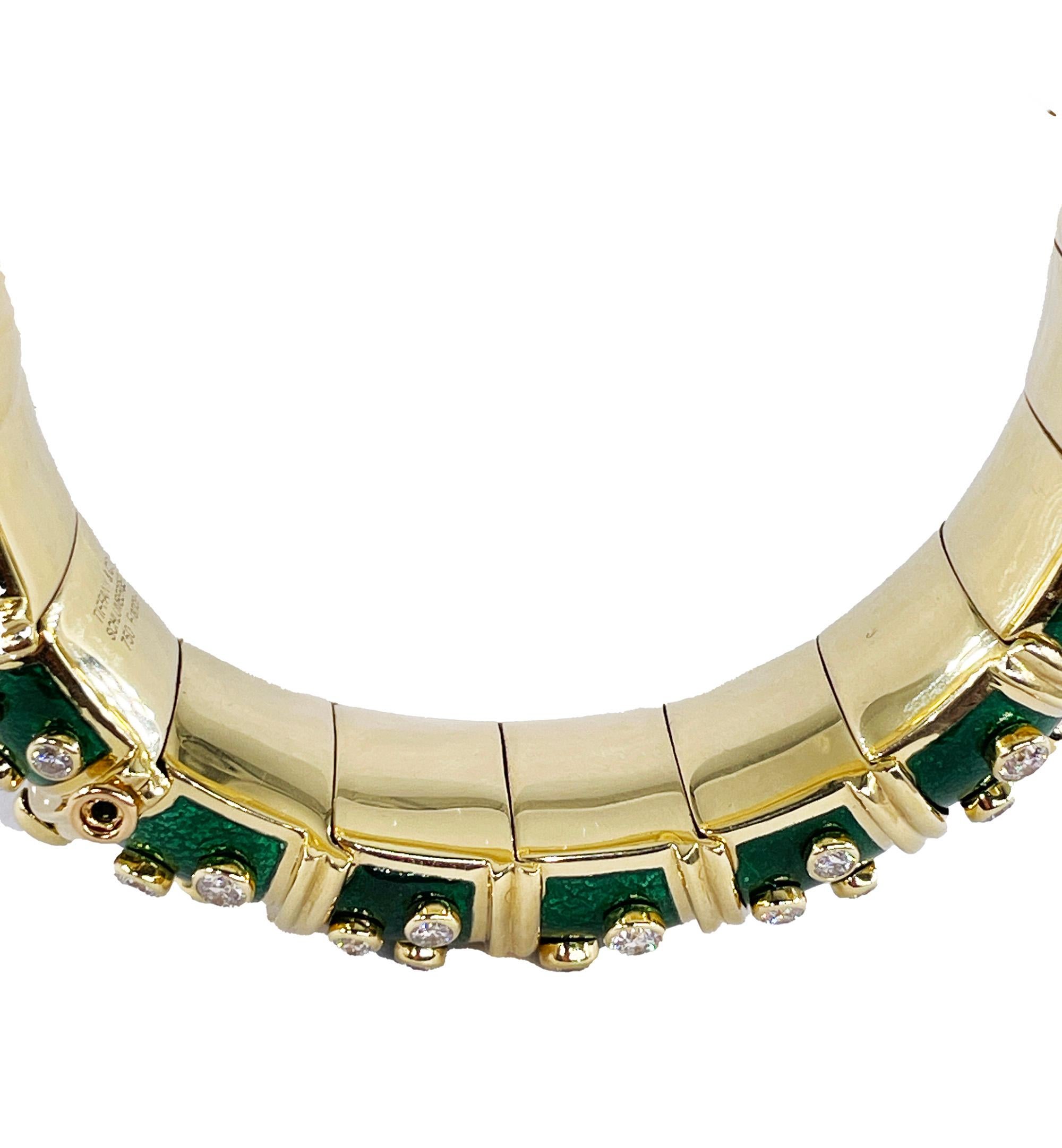 Tiffany & Co. Schlumberger Green Enamel Diamond Bangle Bracelet 18kt Gold France In Excellent Condition For Sale In New York, NY